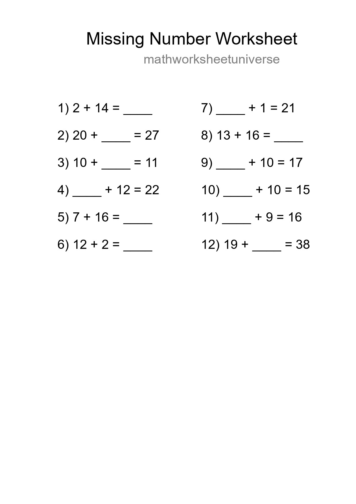 Missing Number Math Worksheet
