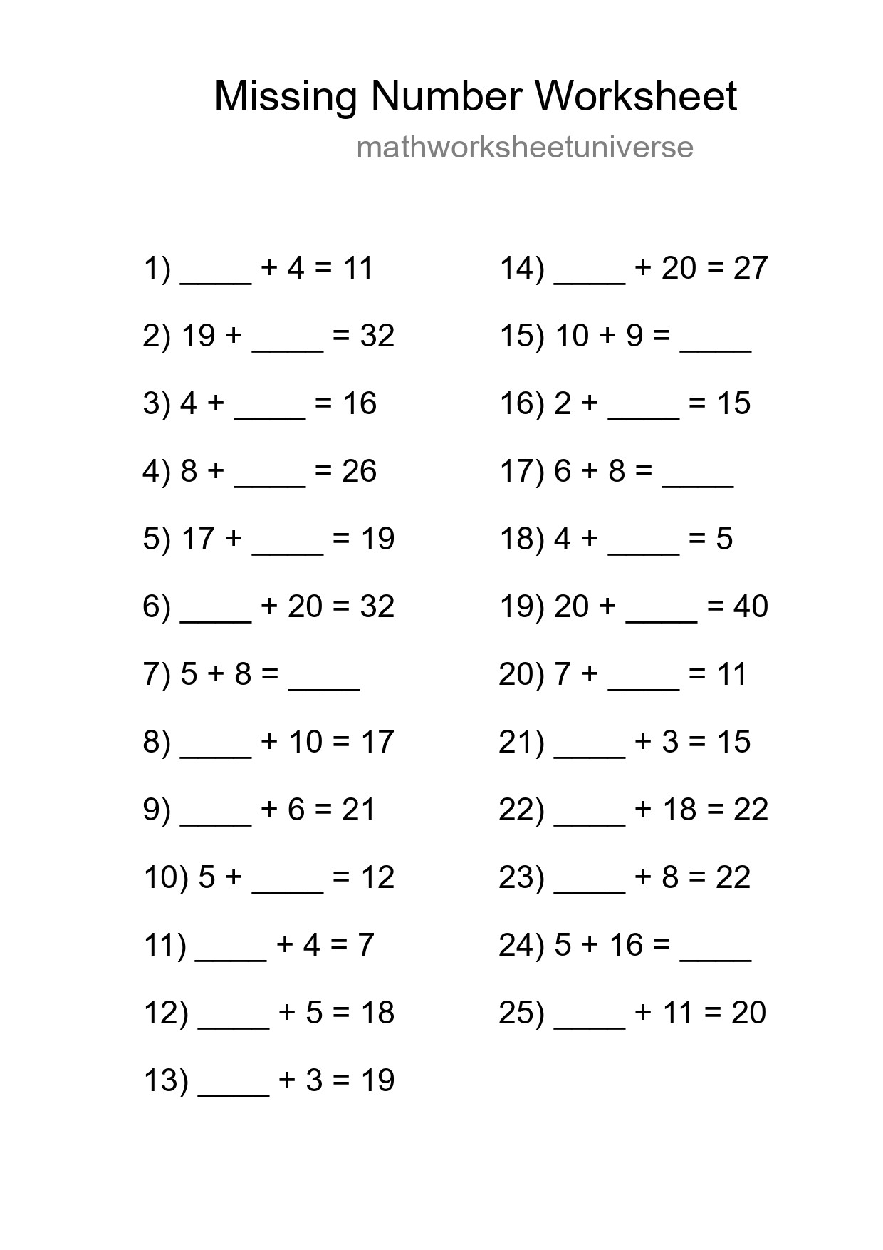 Missing Number Math Worksheet