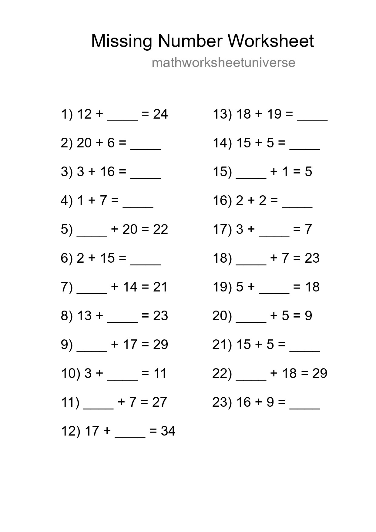 Missing Number Math Worksheet