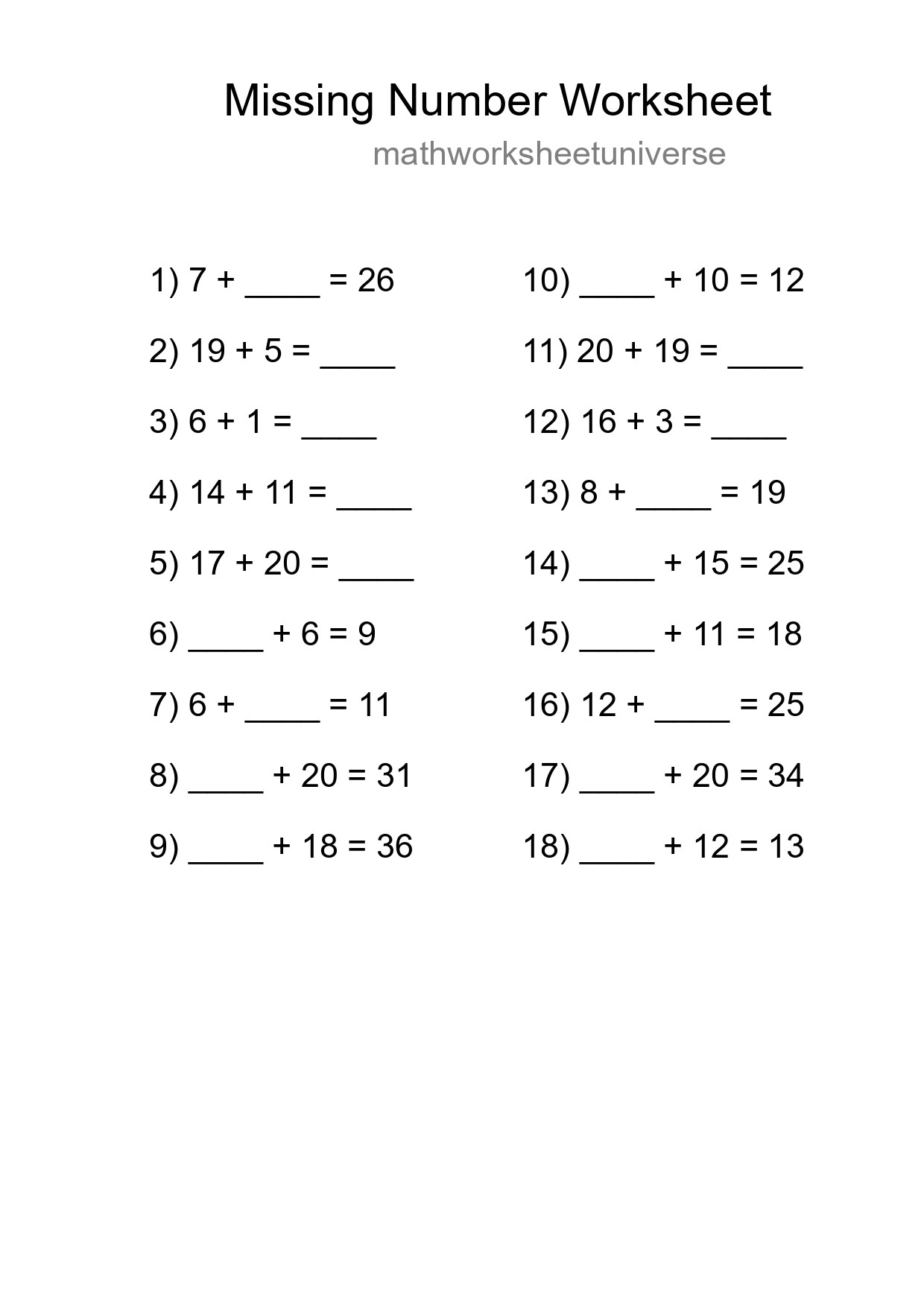 Missing Number Math Worksheet
