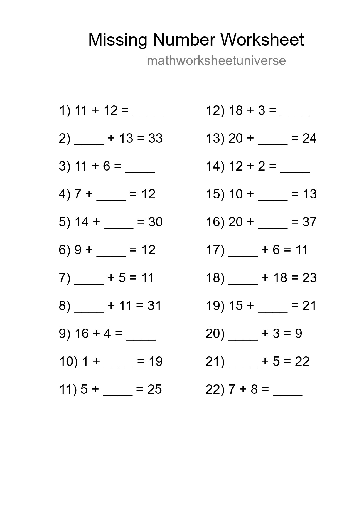 Missing Number Math Worksheet