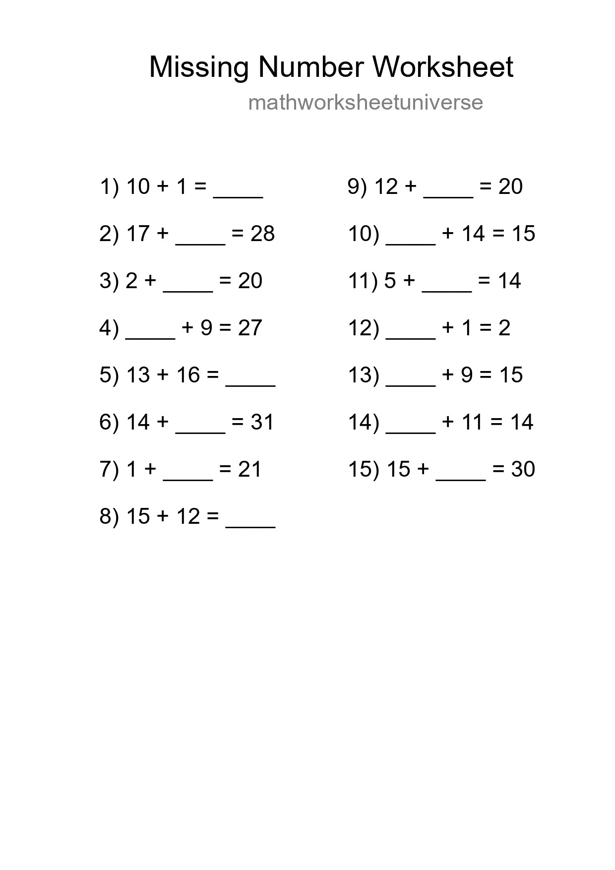 Missing Number Math Worksheet