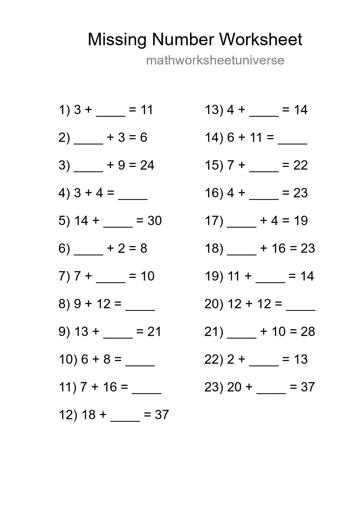 Missing Number Math Worksheet