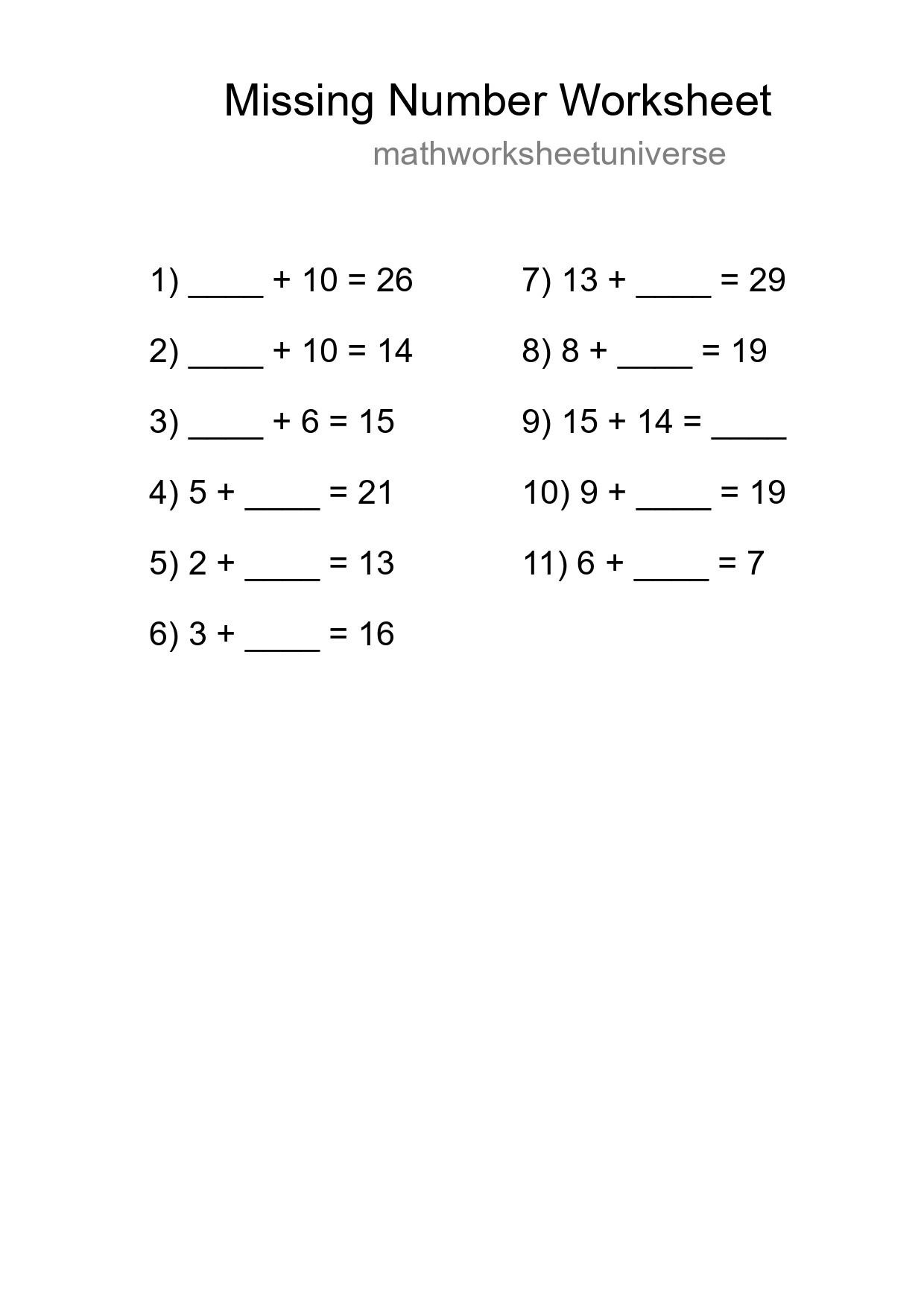 Missing Number Math Worksheet