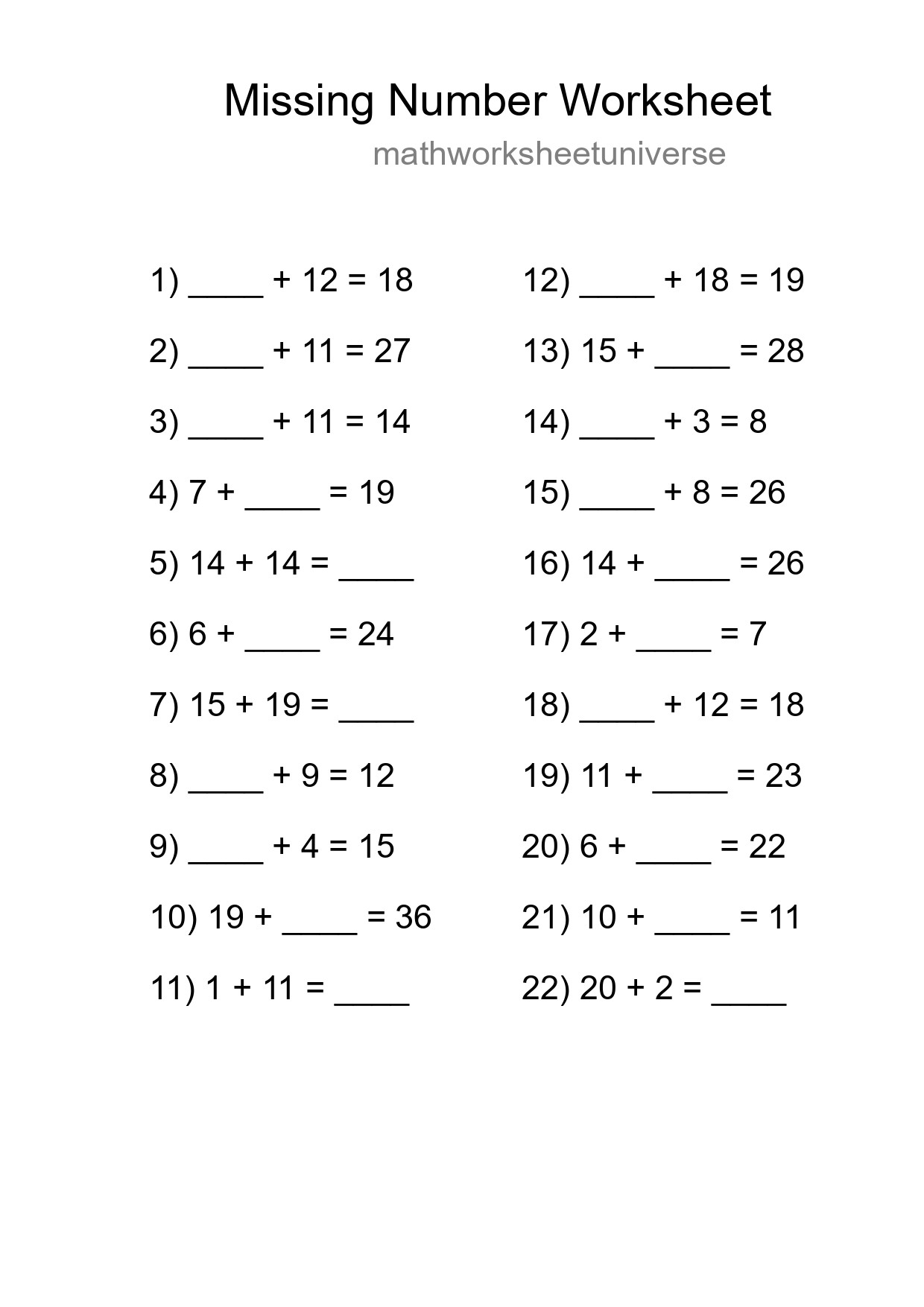 Missing Number Math Worksheet