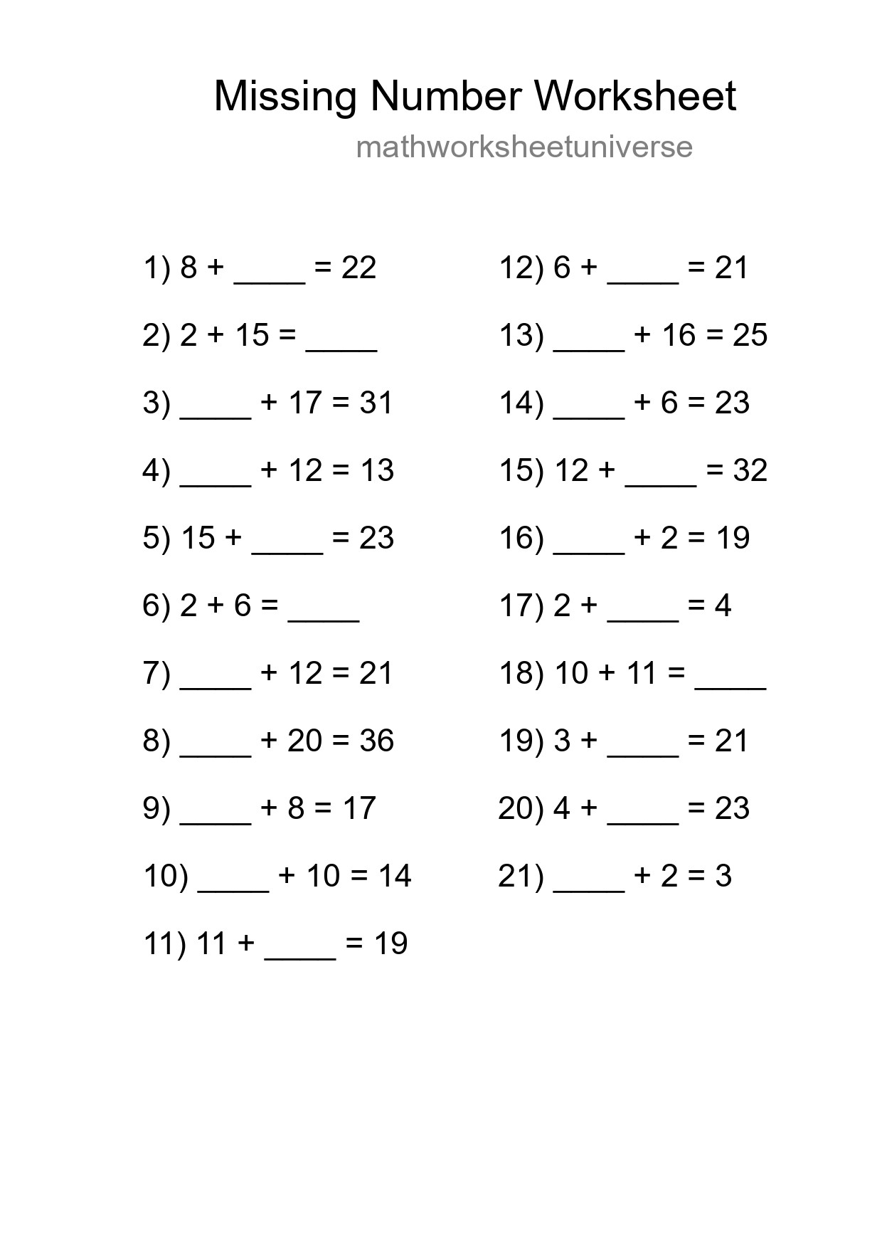 Missing Number Math Worksheet