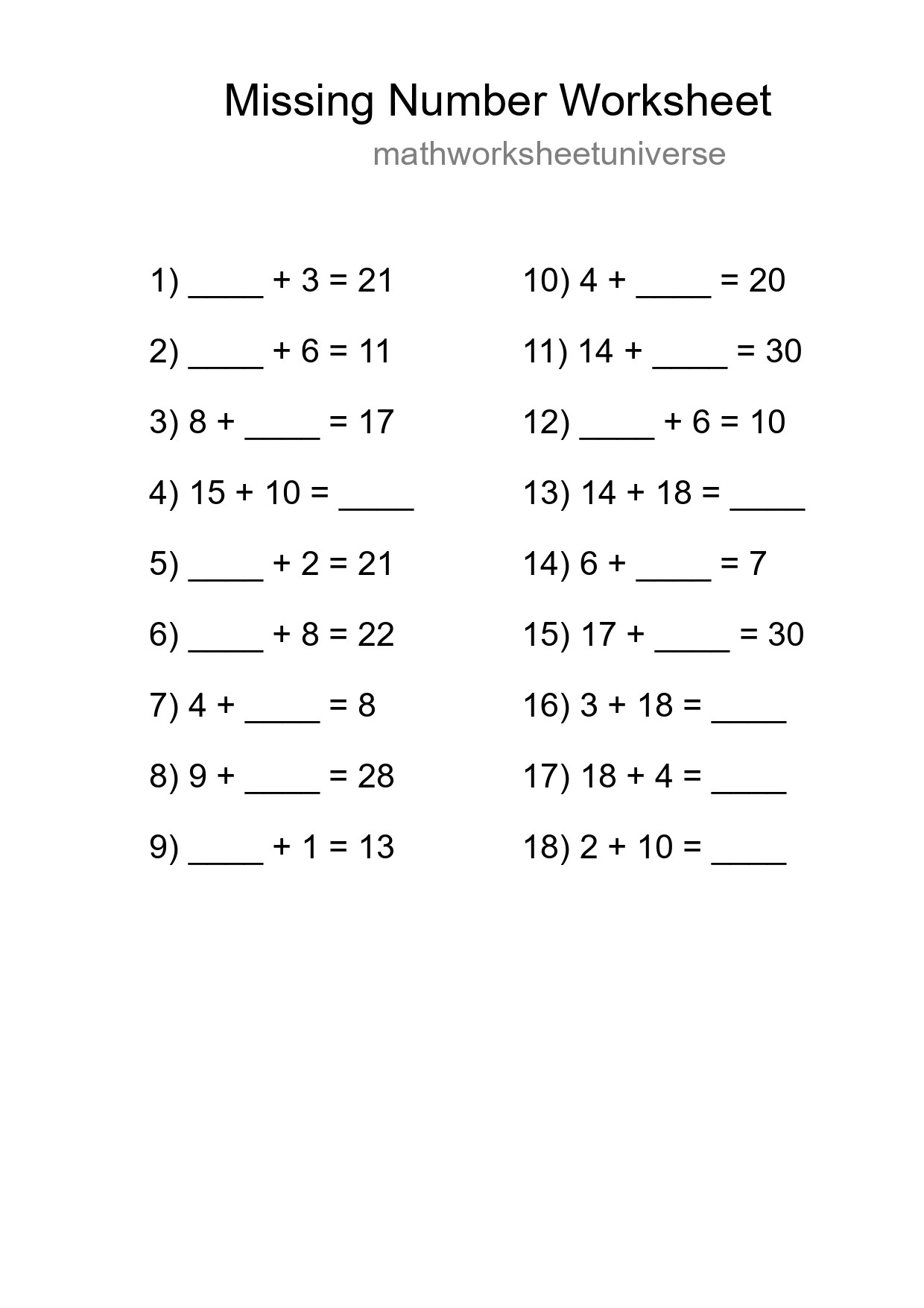 Missing Number Math Worksheet