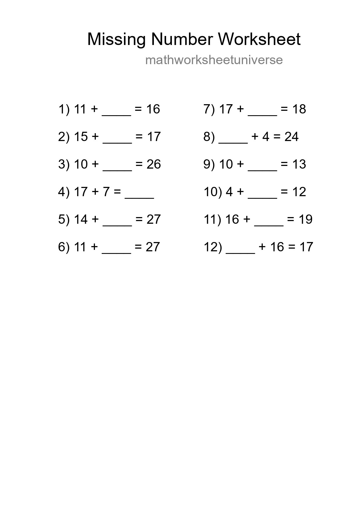 Missing Number Math Worksheet