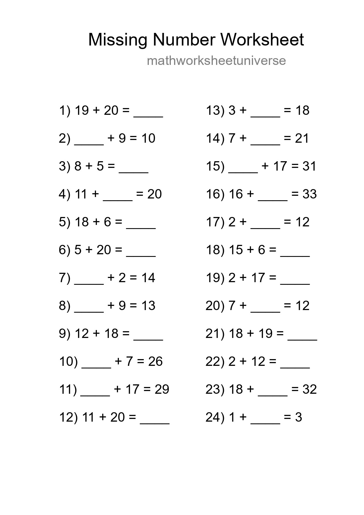Missing Number Math Worksheet