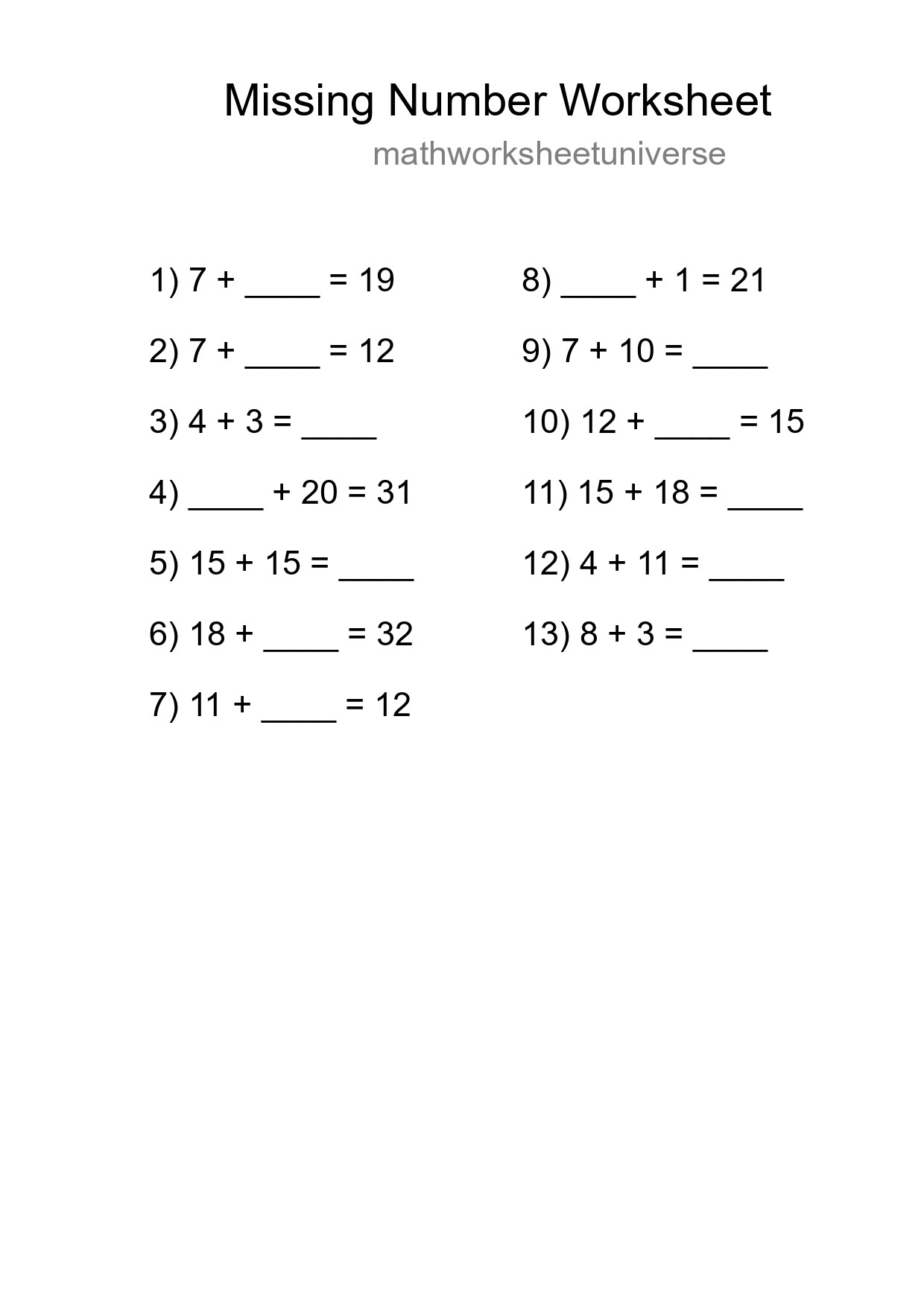 Missing Number Math Worksheet