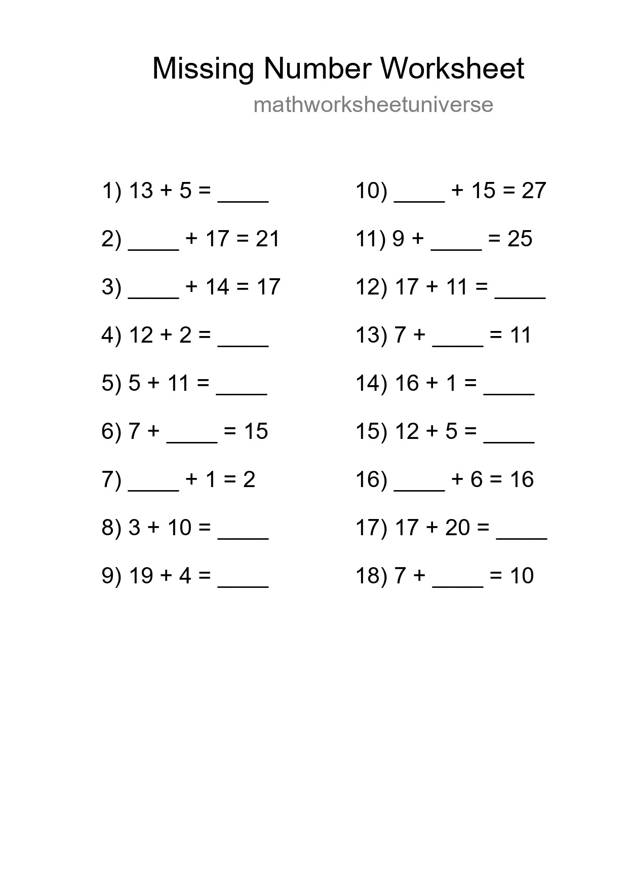 Missing Number Math Worksheet