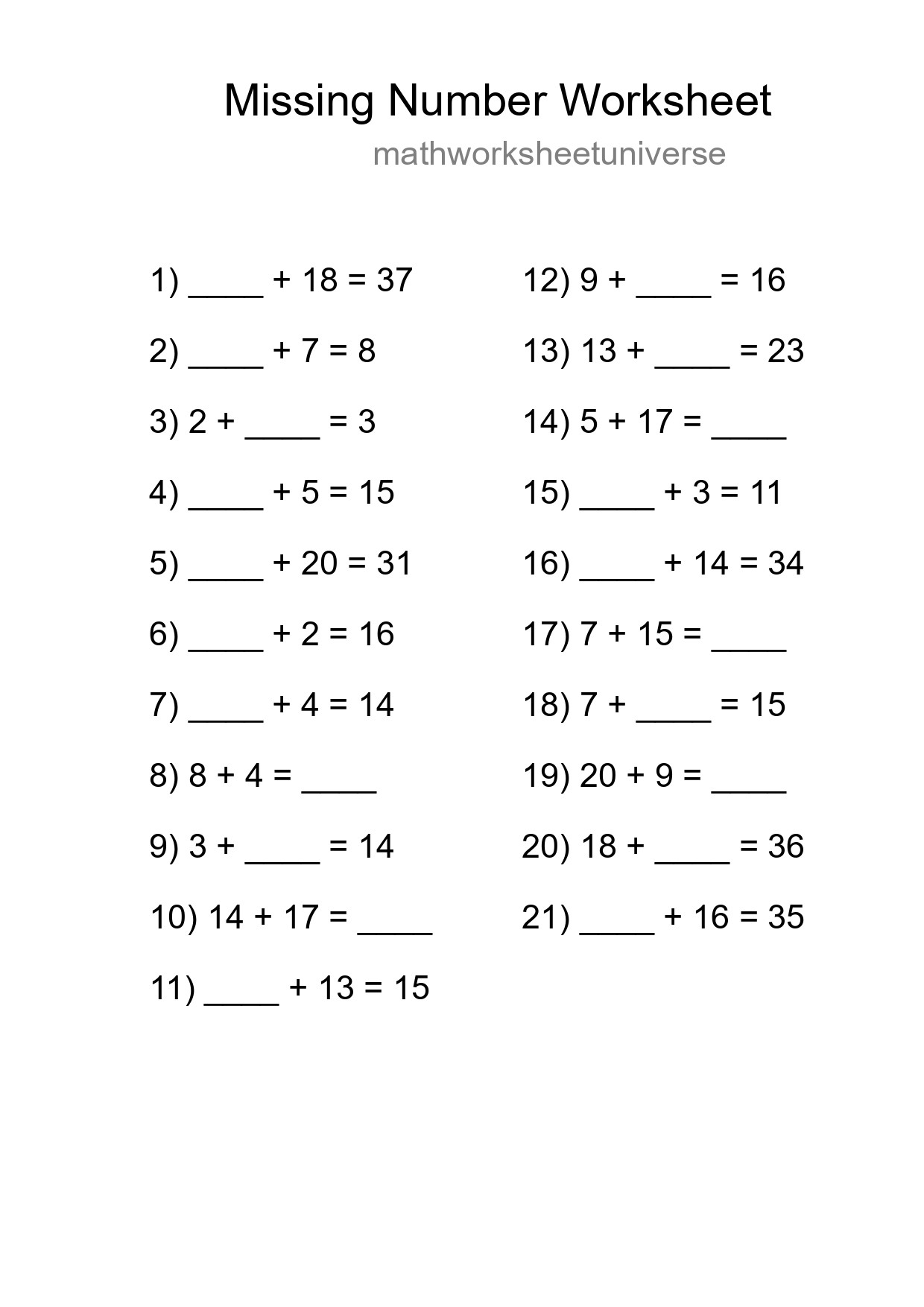 Missing Number Math Worksheet