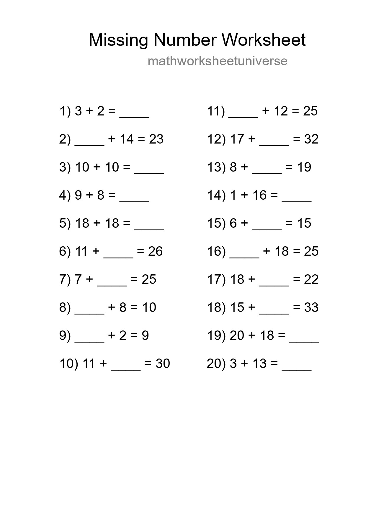 Missing Number Math Worksheet