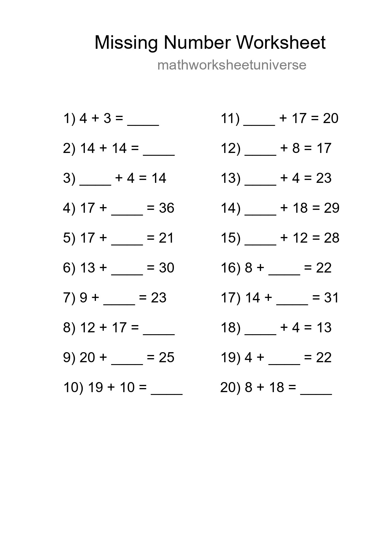Missing Number Math Worksheet