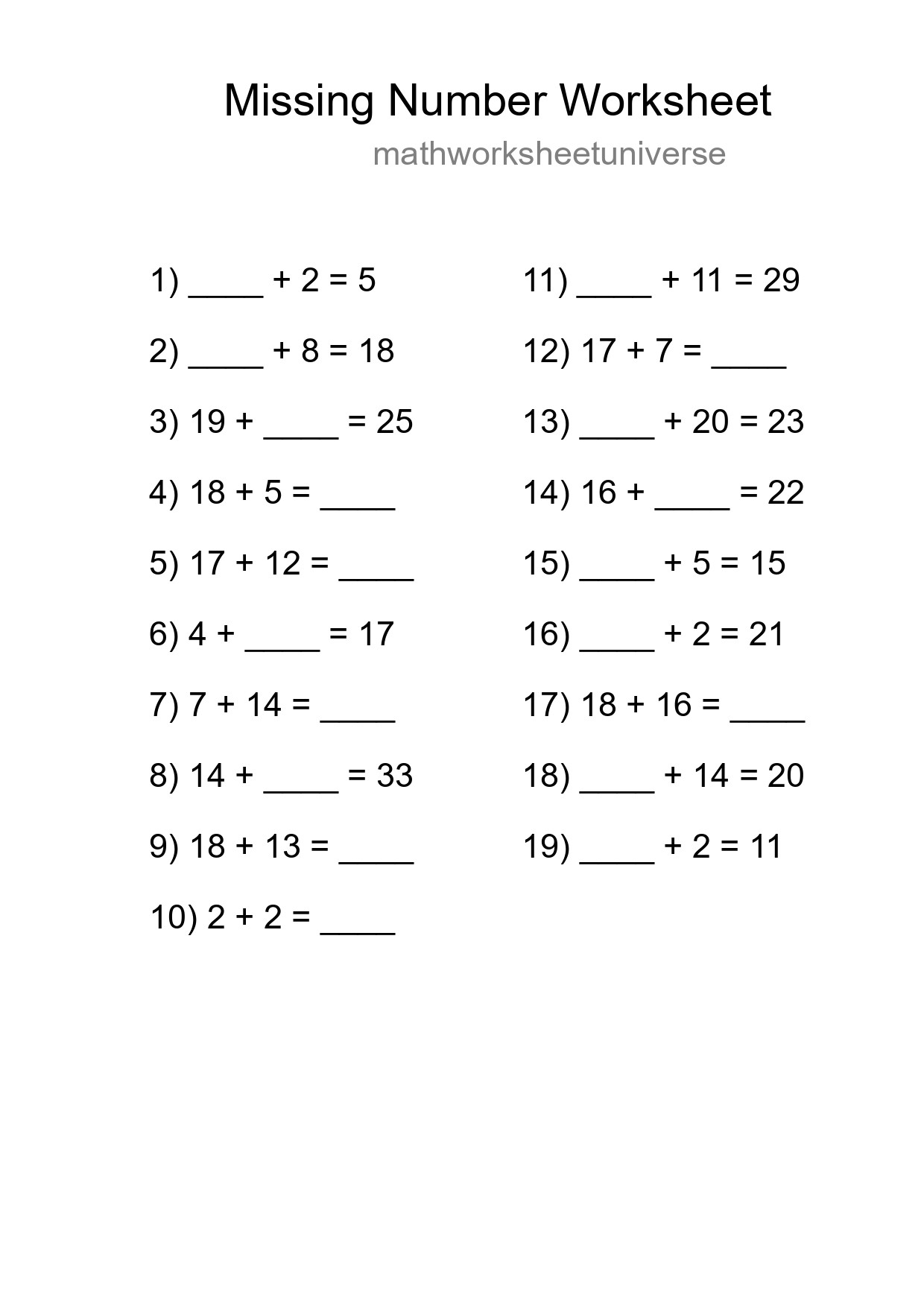 Missing Number Math Worksheet