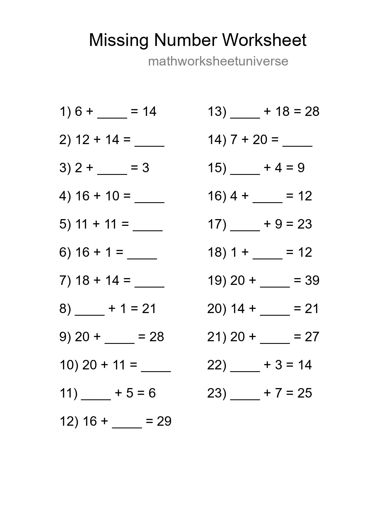Missing Number Math Worksheet