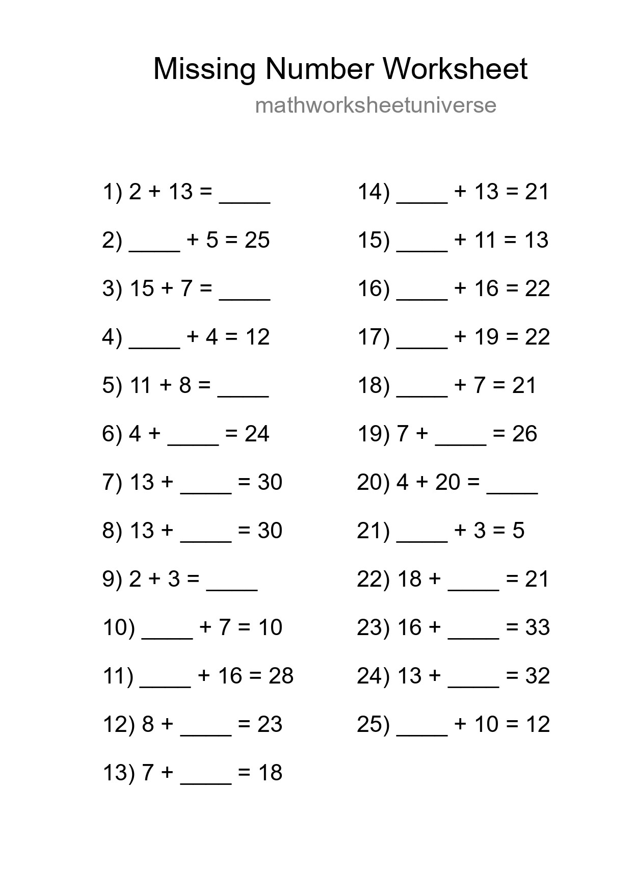 Missing Number Math Worksheet
