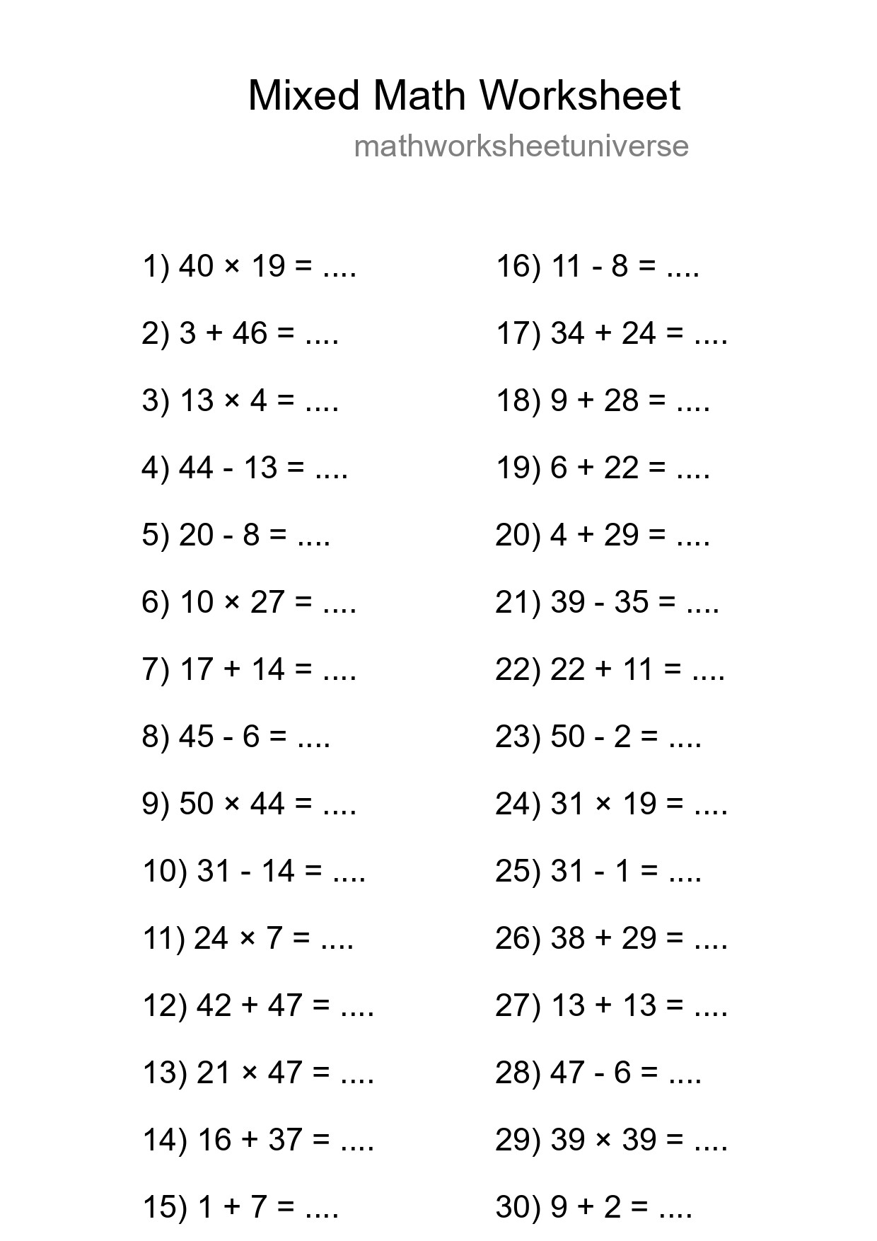 Mixed Operations Math Worksheet