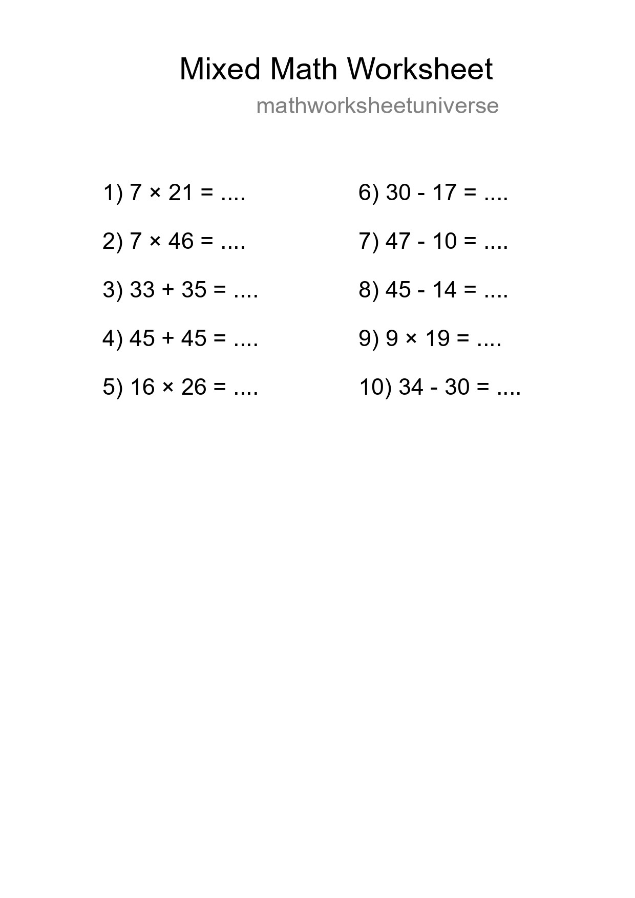 Mixed Operations Math Worksheet