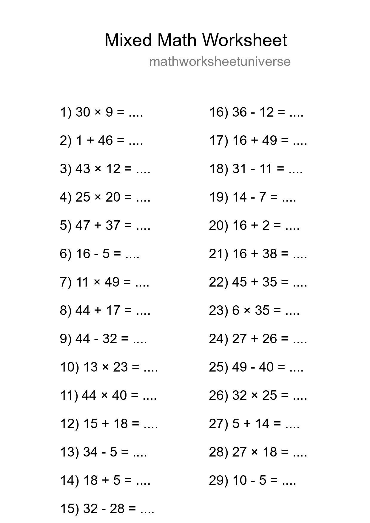 Mixed Operations Math Worksheet