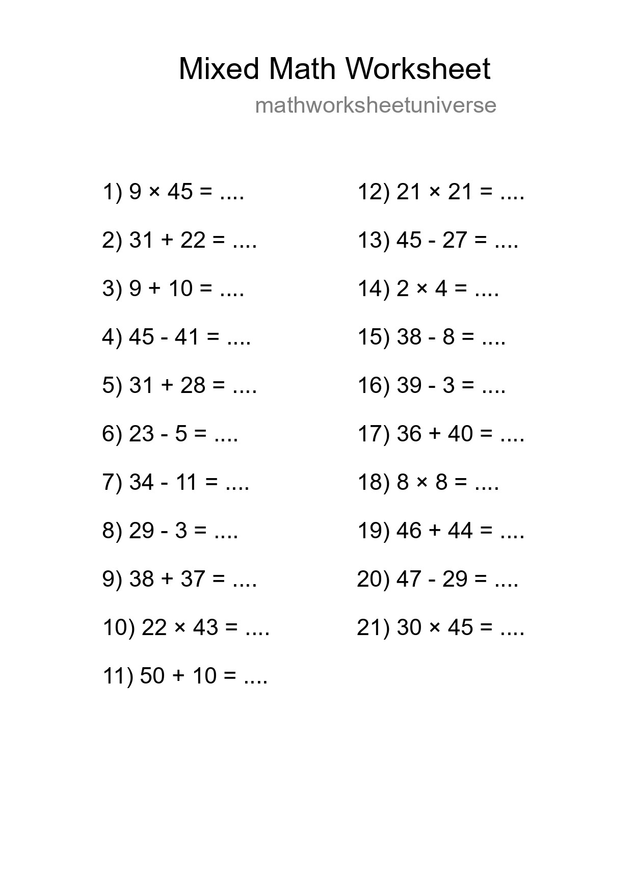 Mixed Operations Math Worksheet