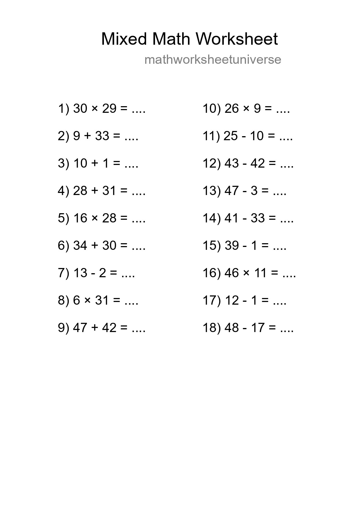 Mixed Operations Math Worksheet