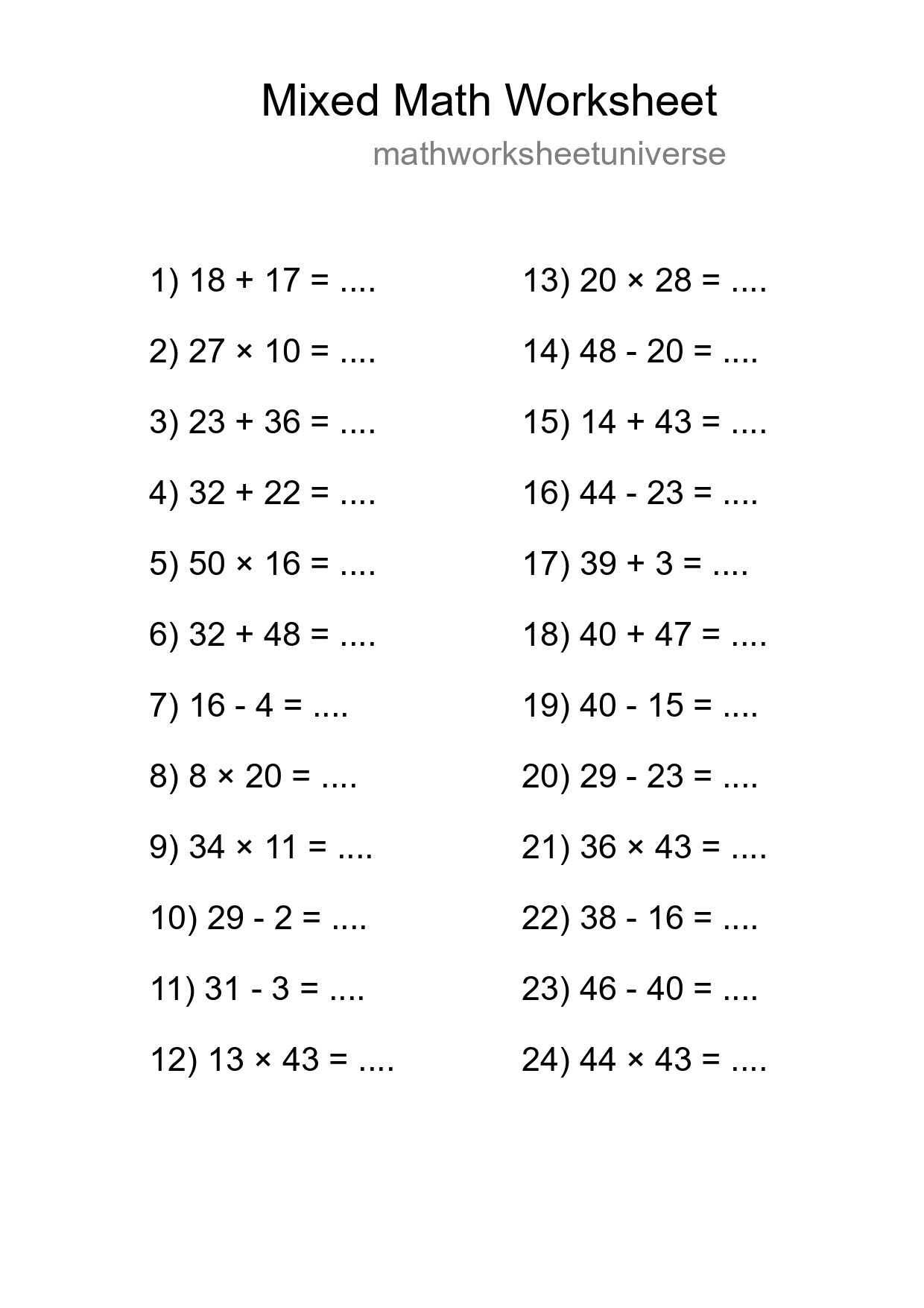 Mixed Operations Math Worksheet
