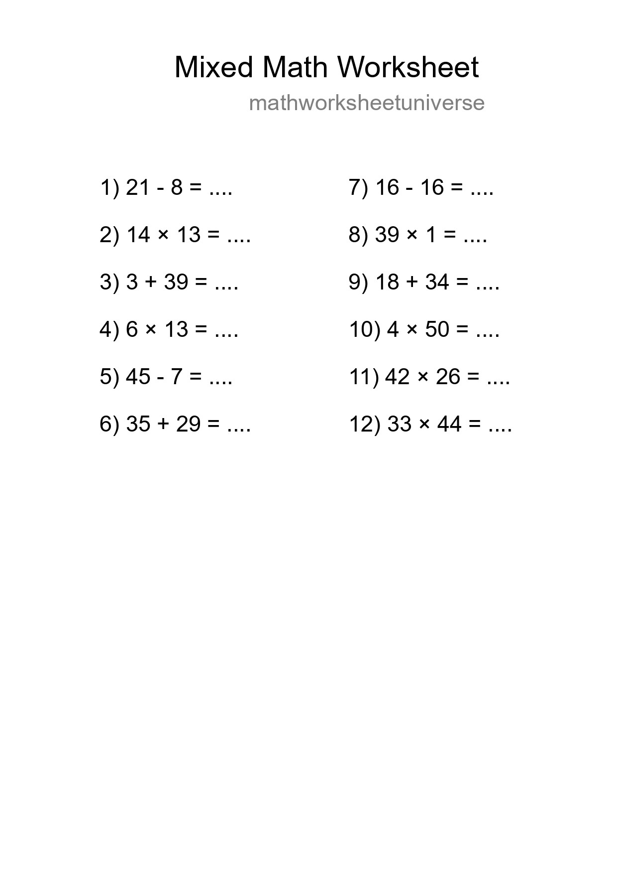 Mixed Operations Math Worksheet