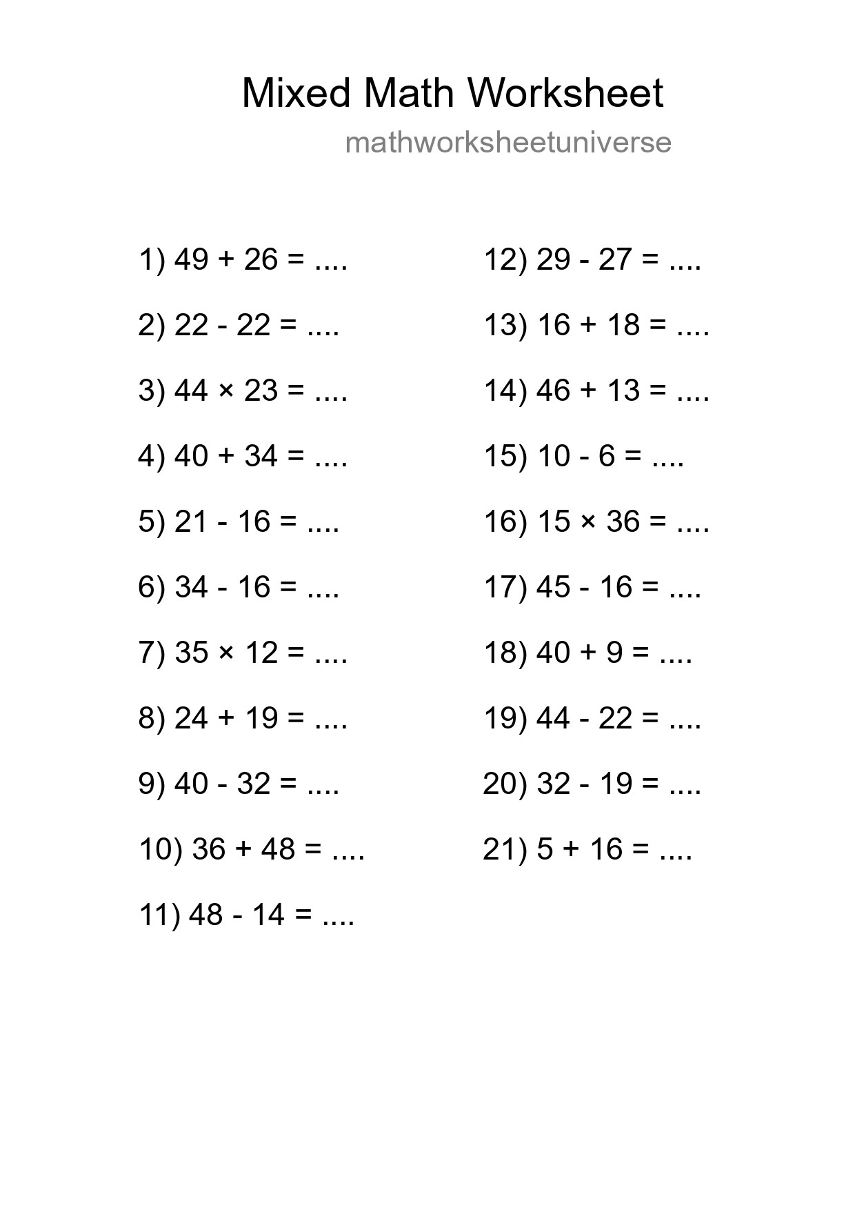 Mixed Operations Math Worksheet