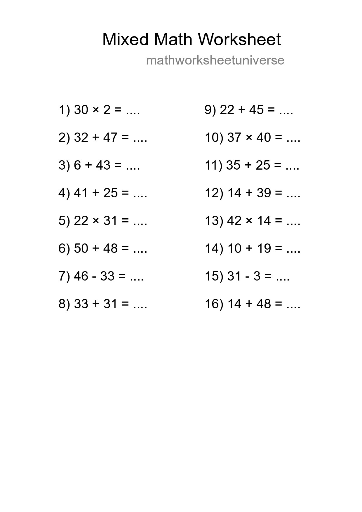 Mixed Operations Math Worksheet
