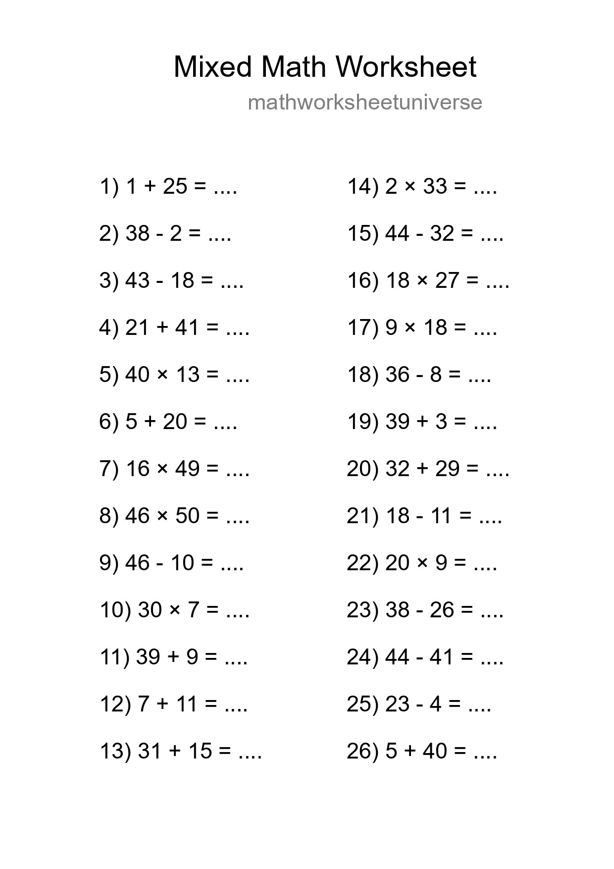 Mixed Operations Math Worksheet