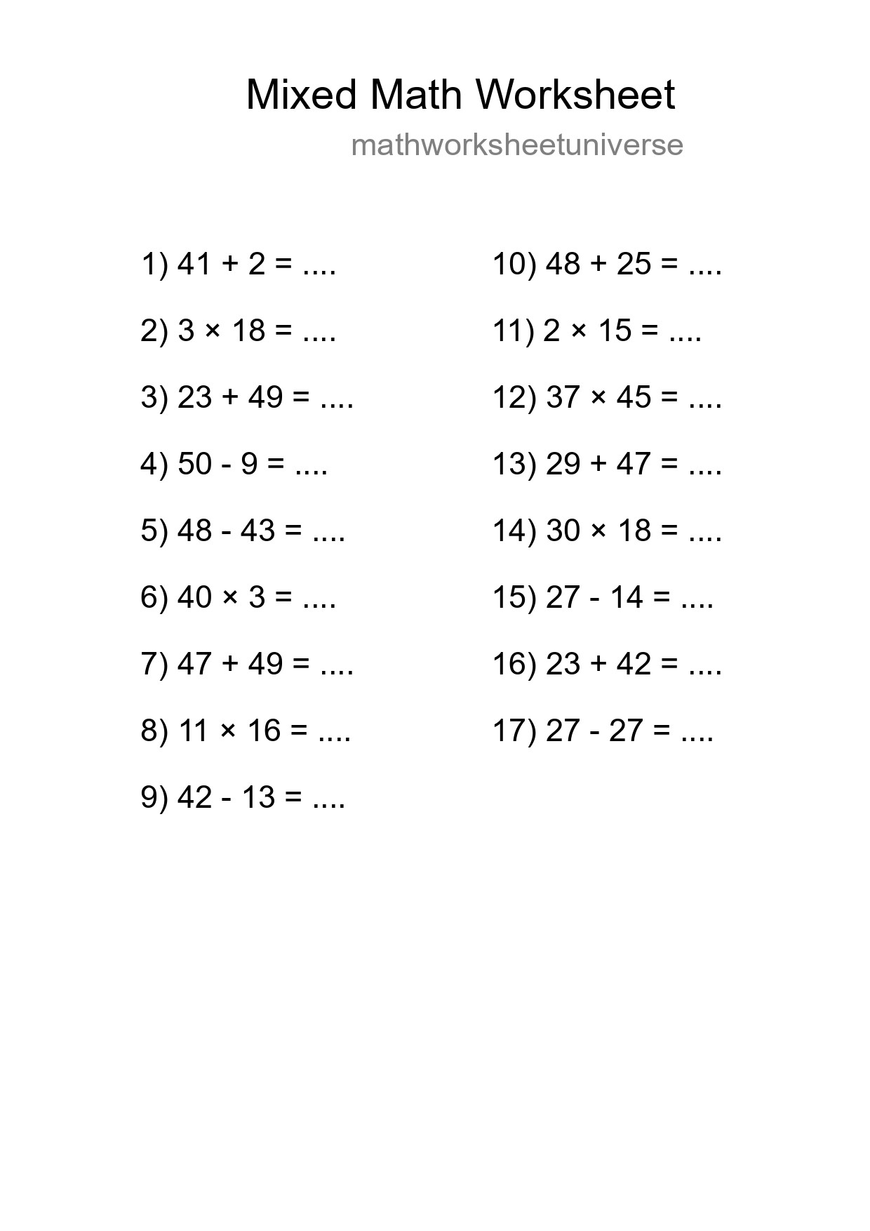 Mixed Operations Math Worksheet