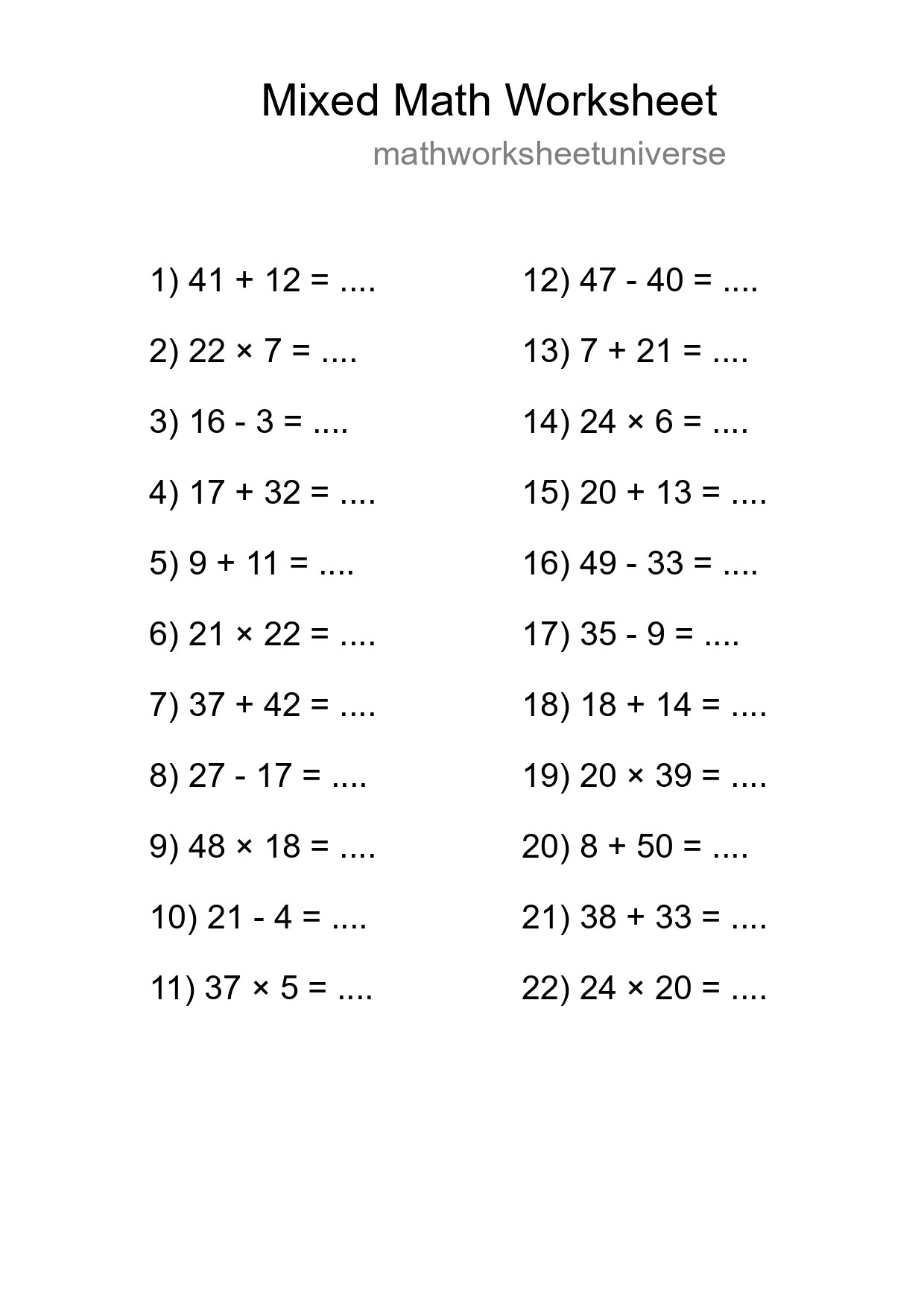 Mixed Operations Math Worksheet
