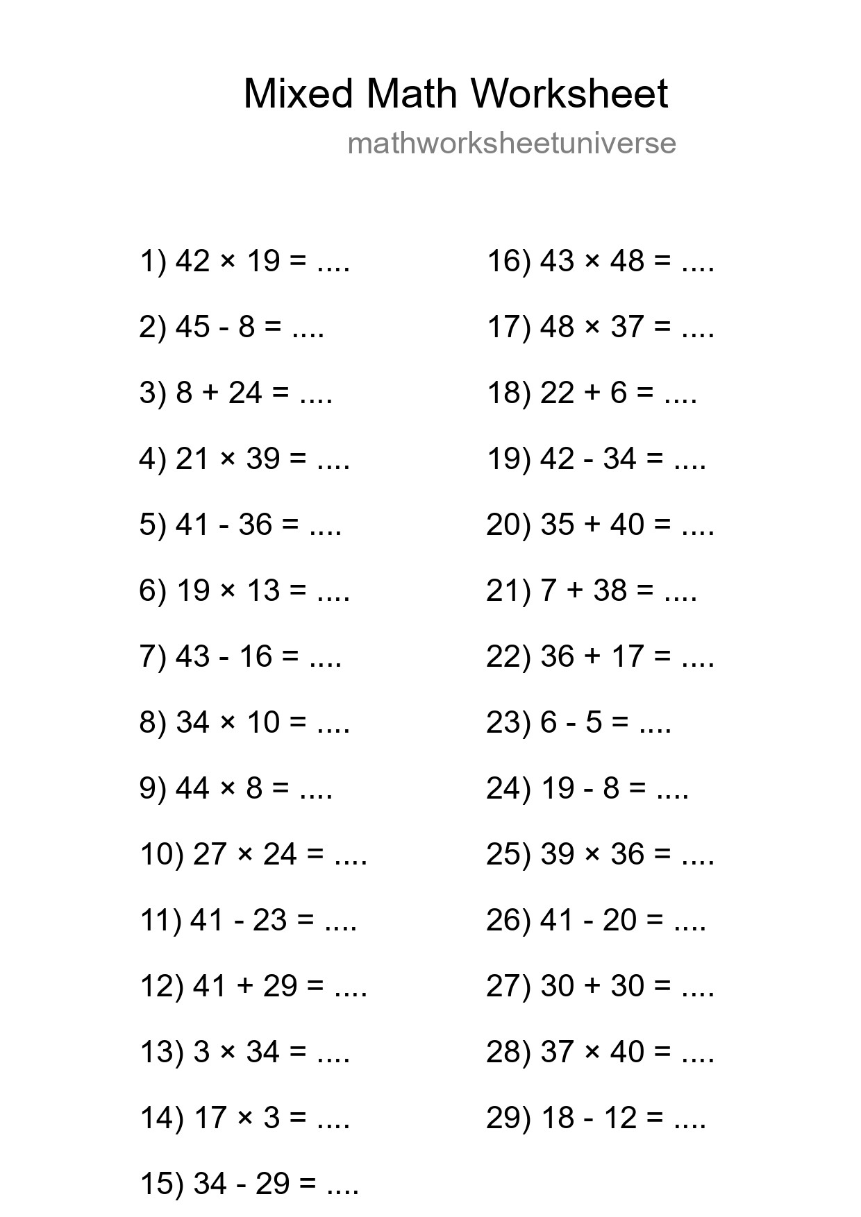Mixed Operations Math Worksheet