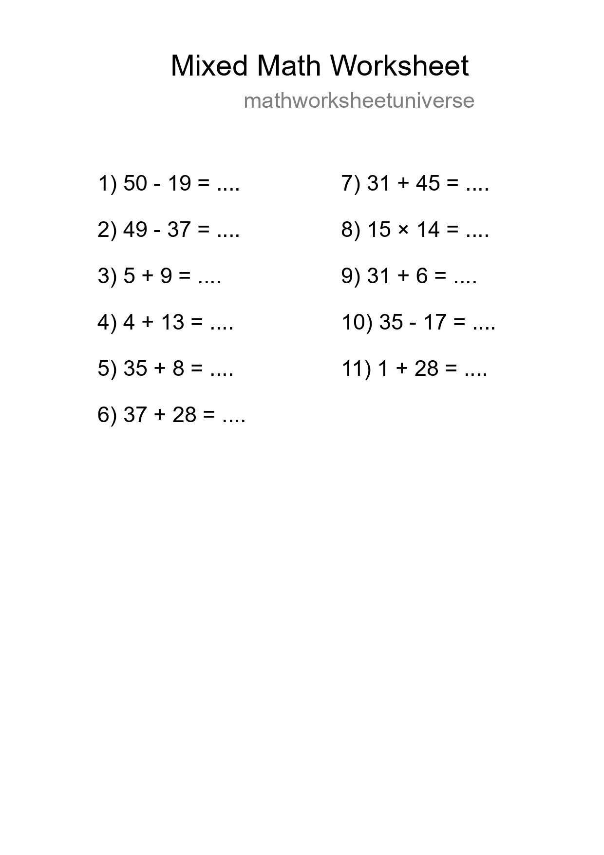 Mixed Operations Math Worksheet