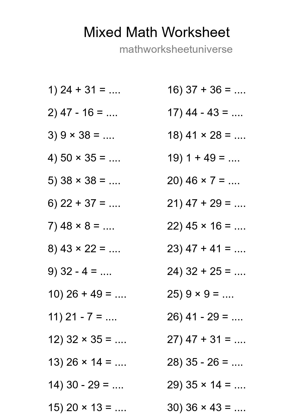 Mixed Operations Math Worksheet