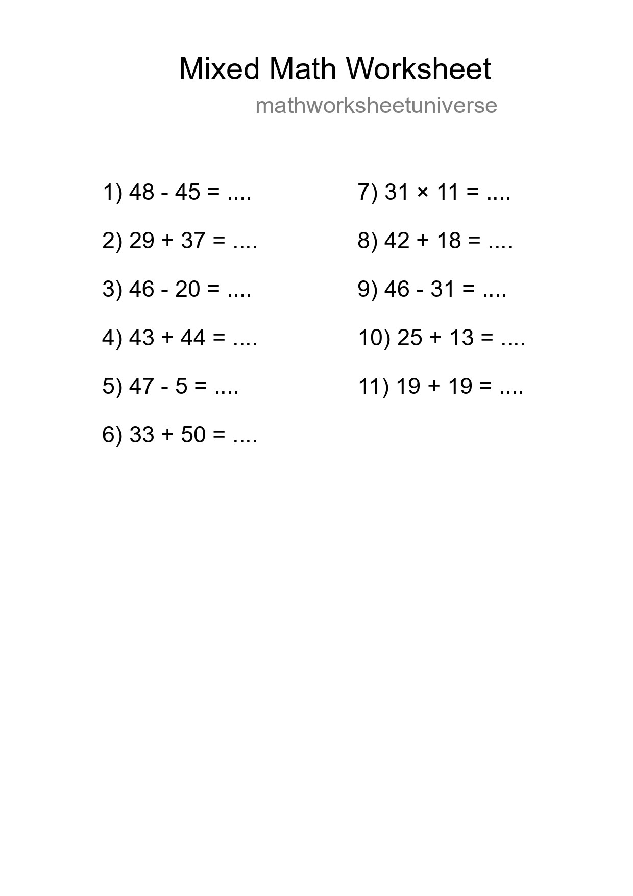 Mixed Operations Math Worksheet