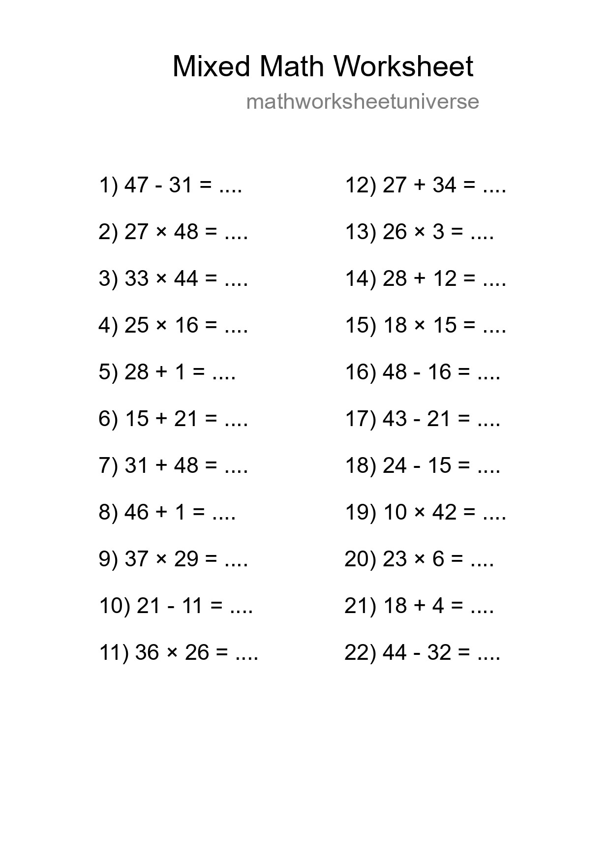 Mixed Operations Math Worksheet