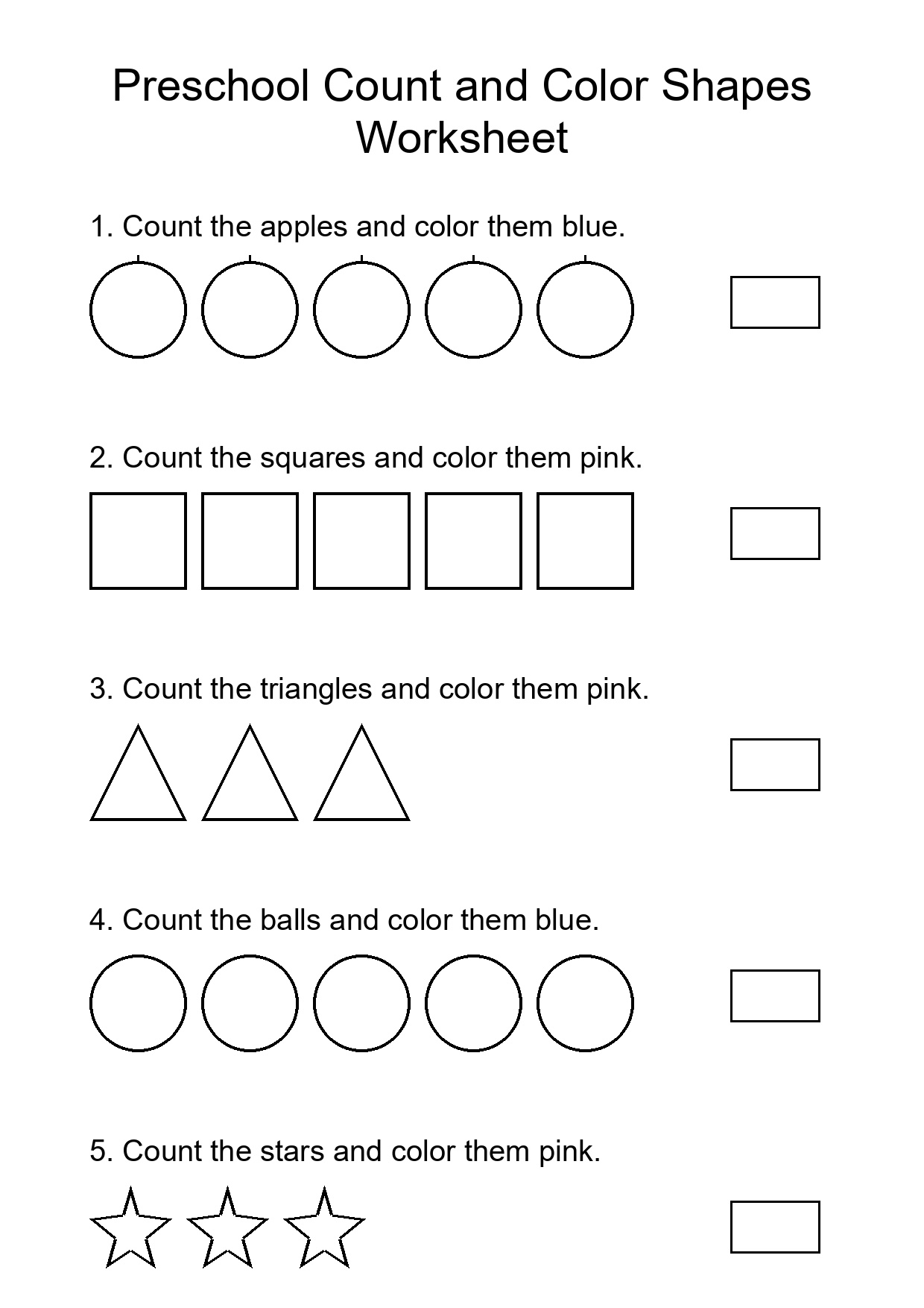 Preschool Count and Color Shapes Worksheet