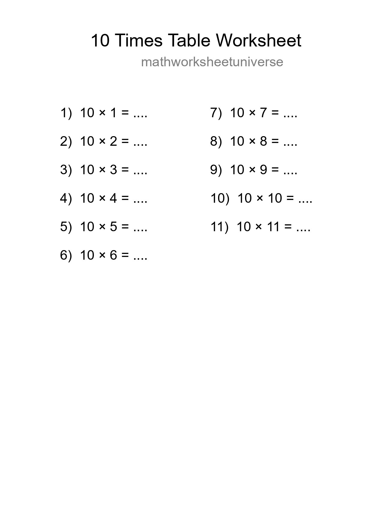Printable 10 Times Table Worksheet For Grade 3 - Part 149