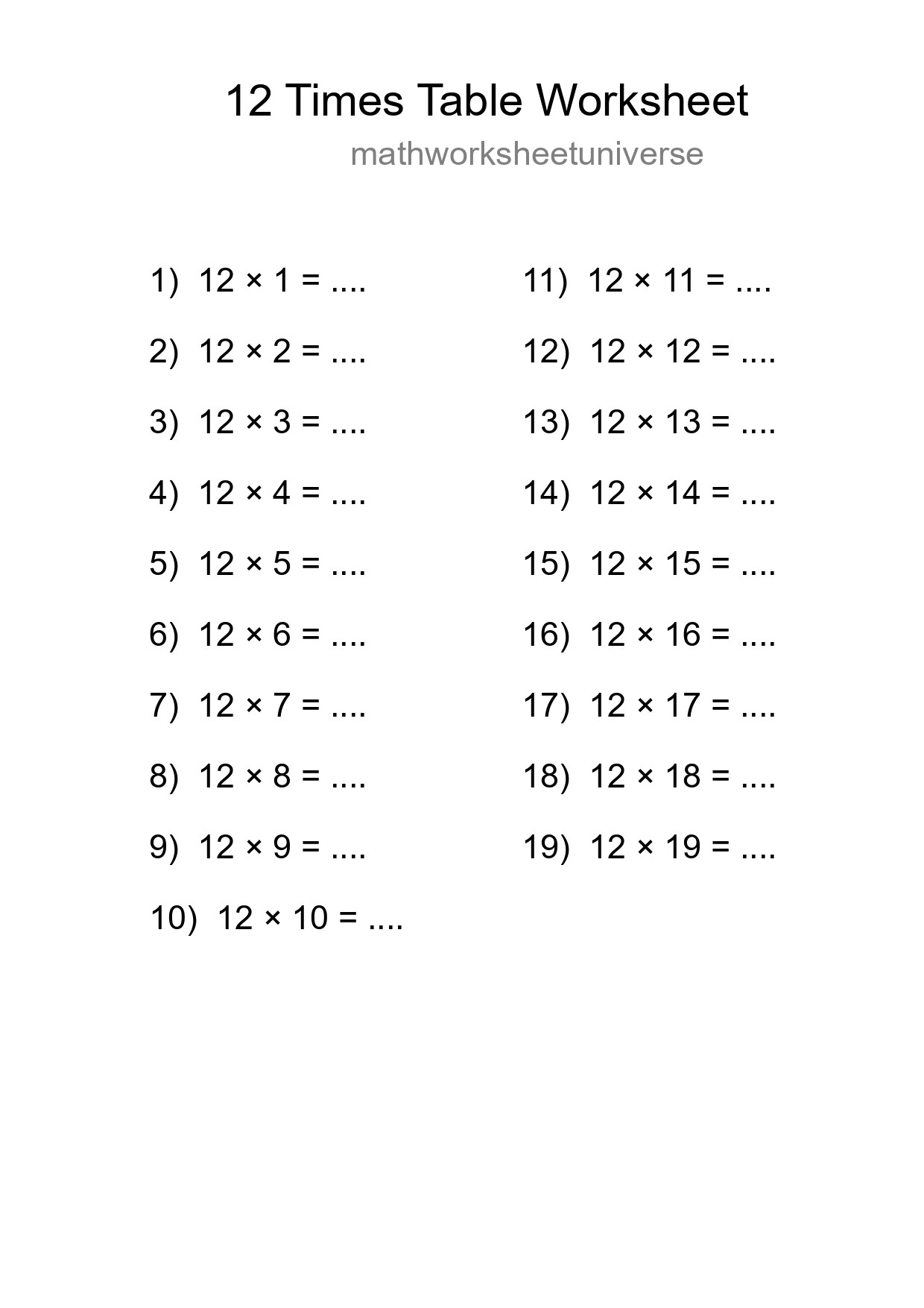 Printable 12 Times Table Worksheet For Grade 4 - Part 269
