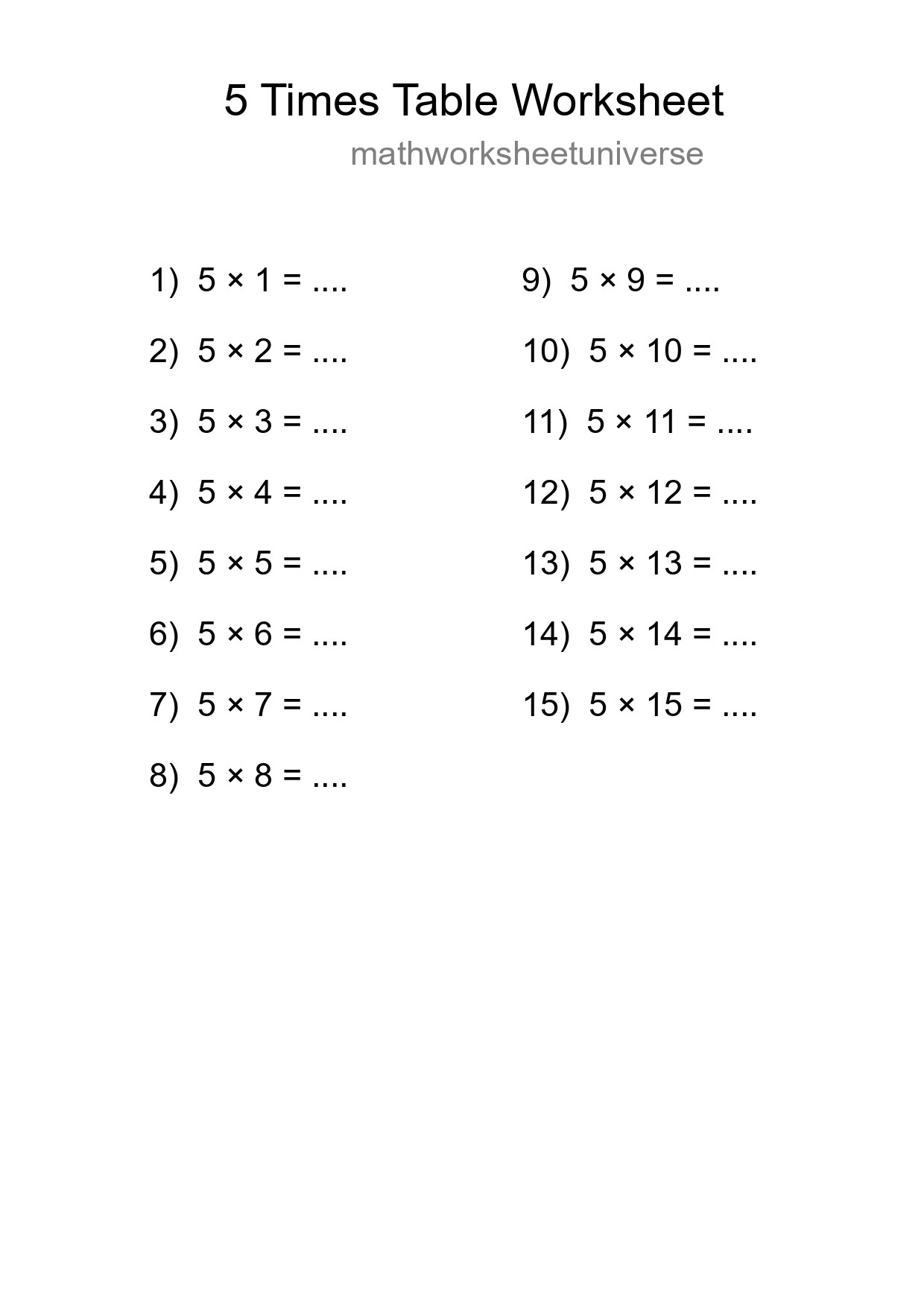 Printable 5 Times Table Worksheet For Grade 2 - Part 19
