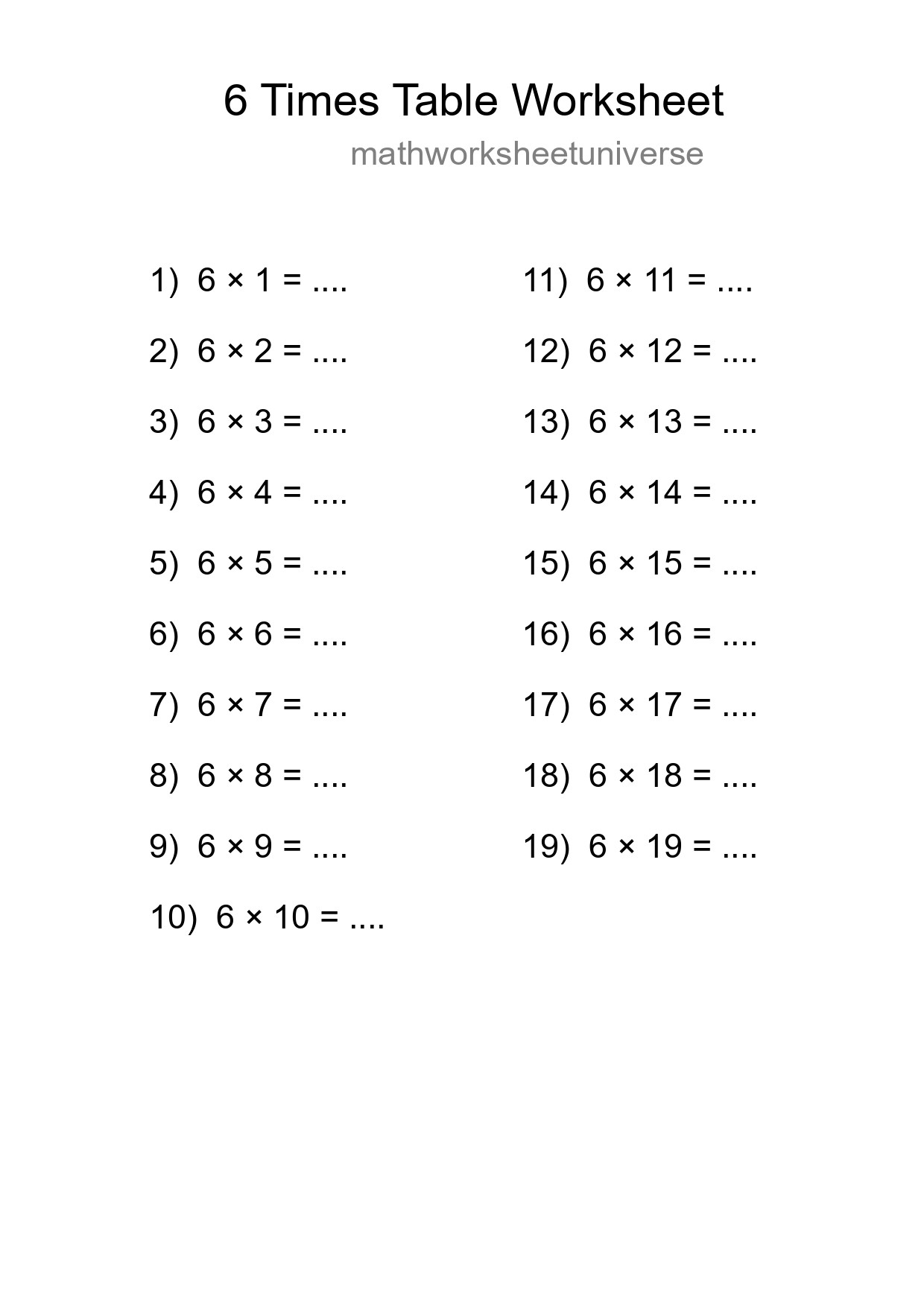 Printable 6 Times Table Worksheet For Grade 3 - Part 49