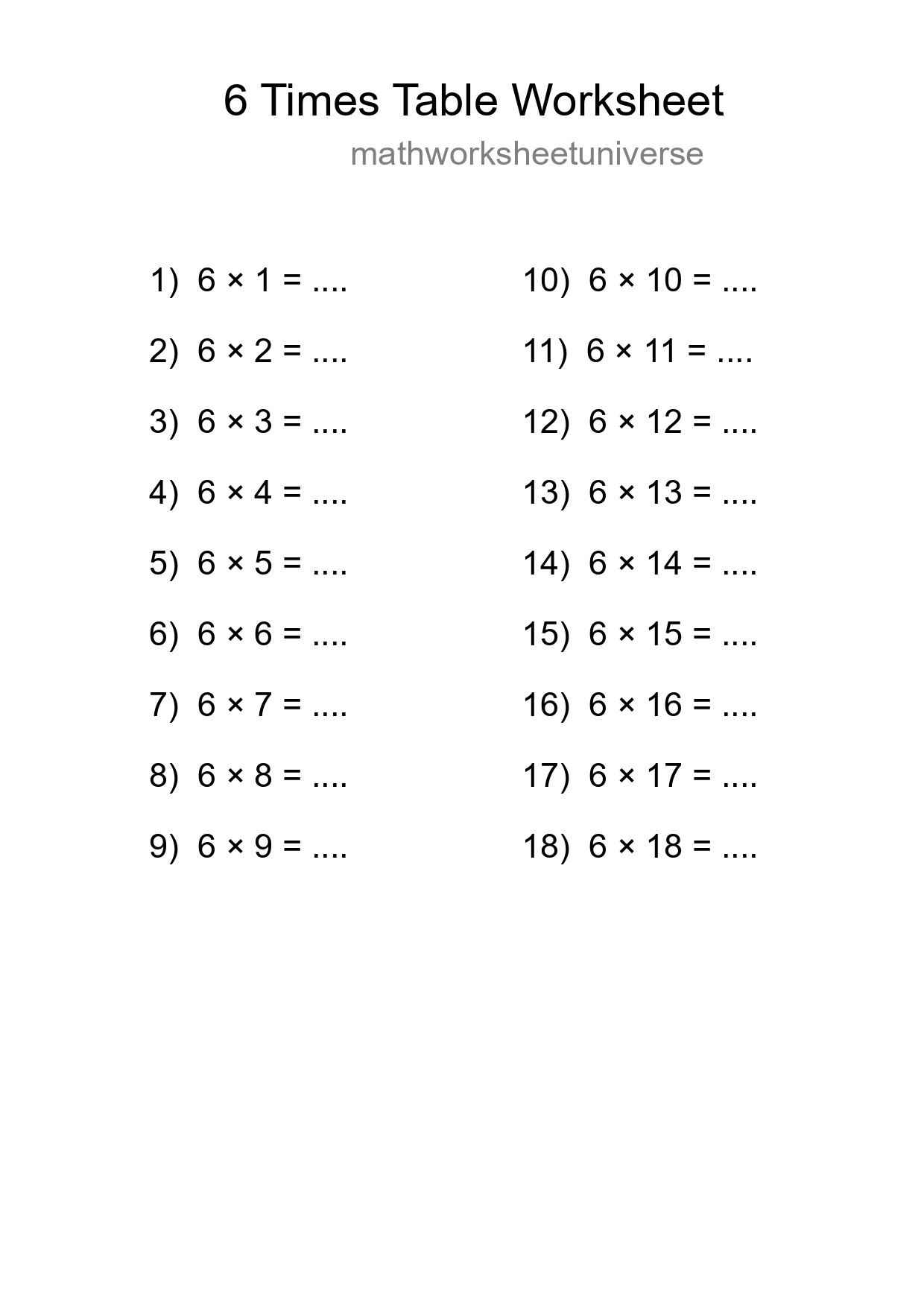 Printable 6 Times Table Worksheet For Grade 3 - Part 9