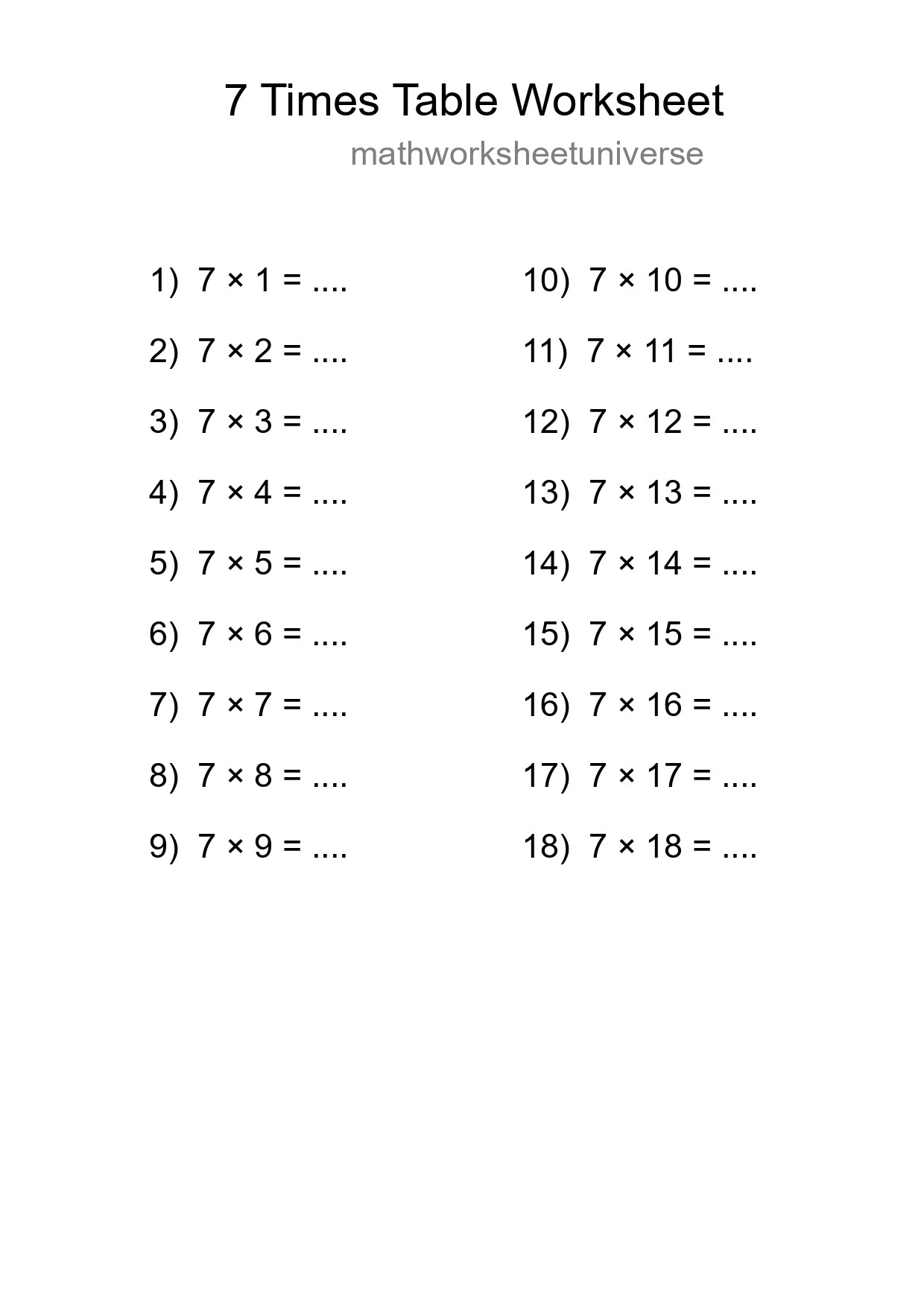Printable 7 Times Table Worksheet For Grade 3 - Part 299