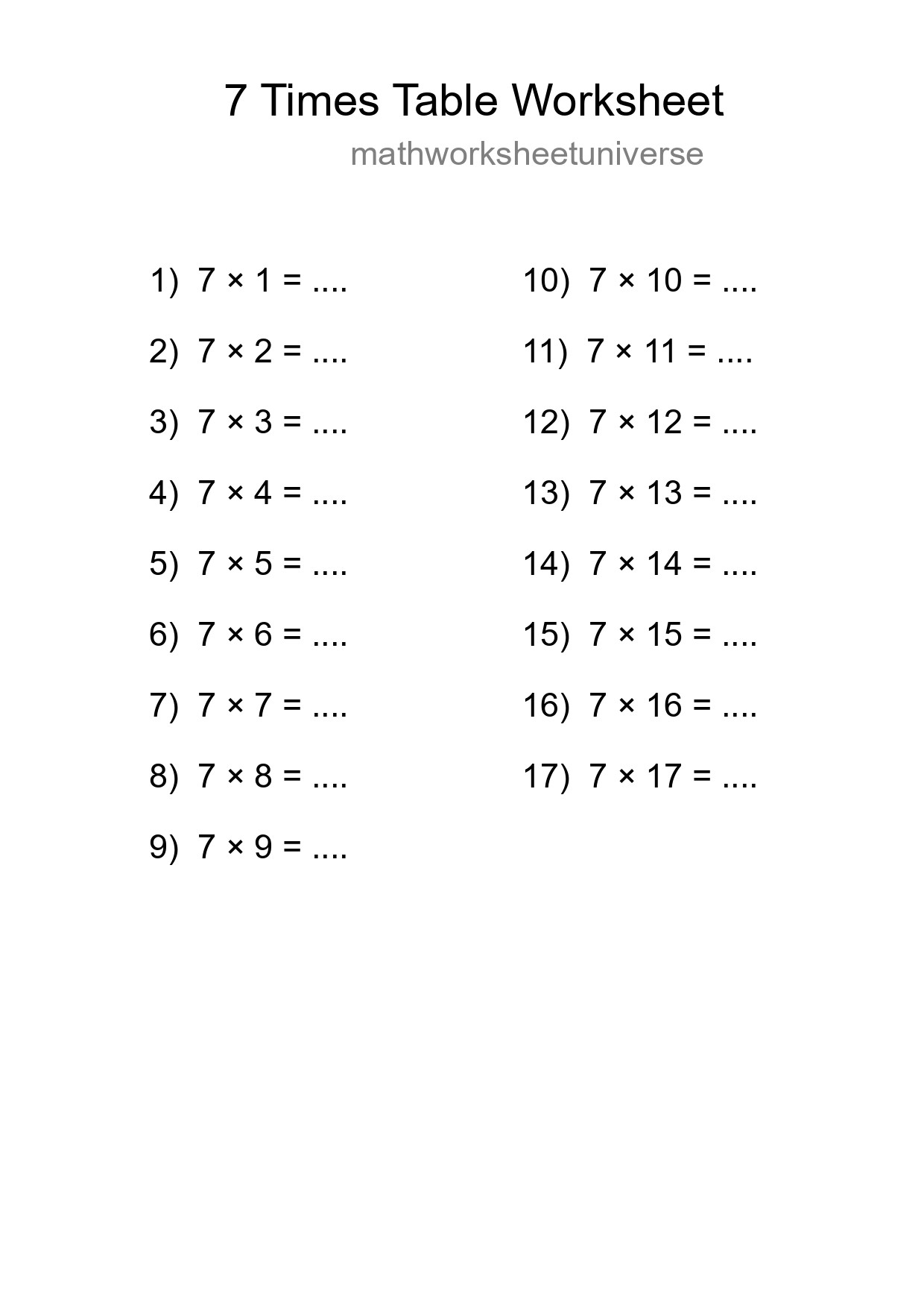 Printable 7 Times Table Worksheet For Grade 3 - Part 39