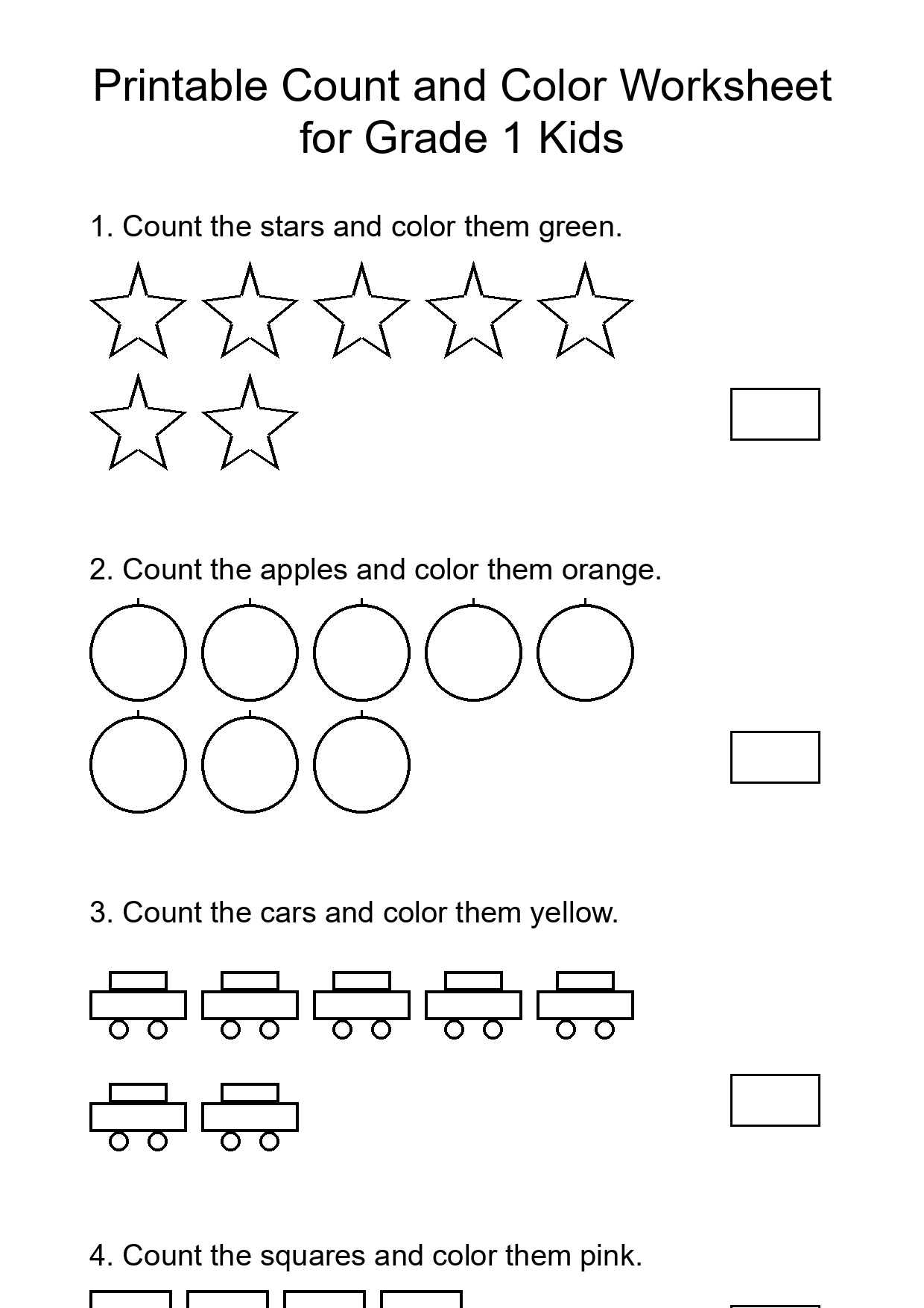 Printable Count and Color Worksheet for Grade 1 Kids