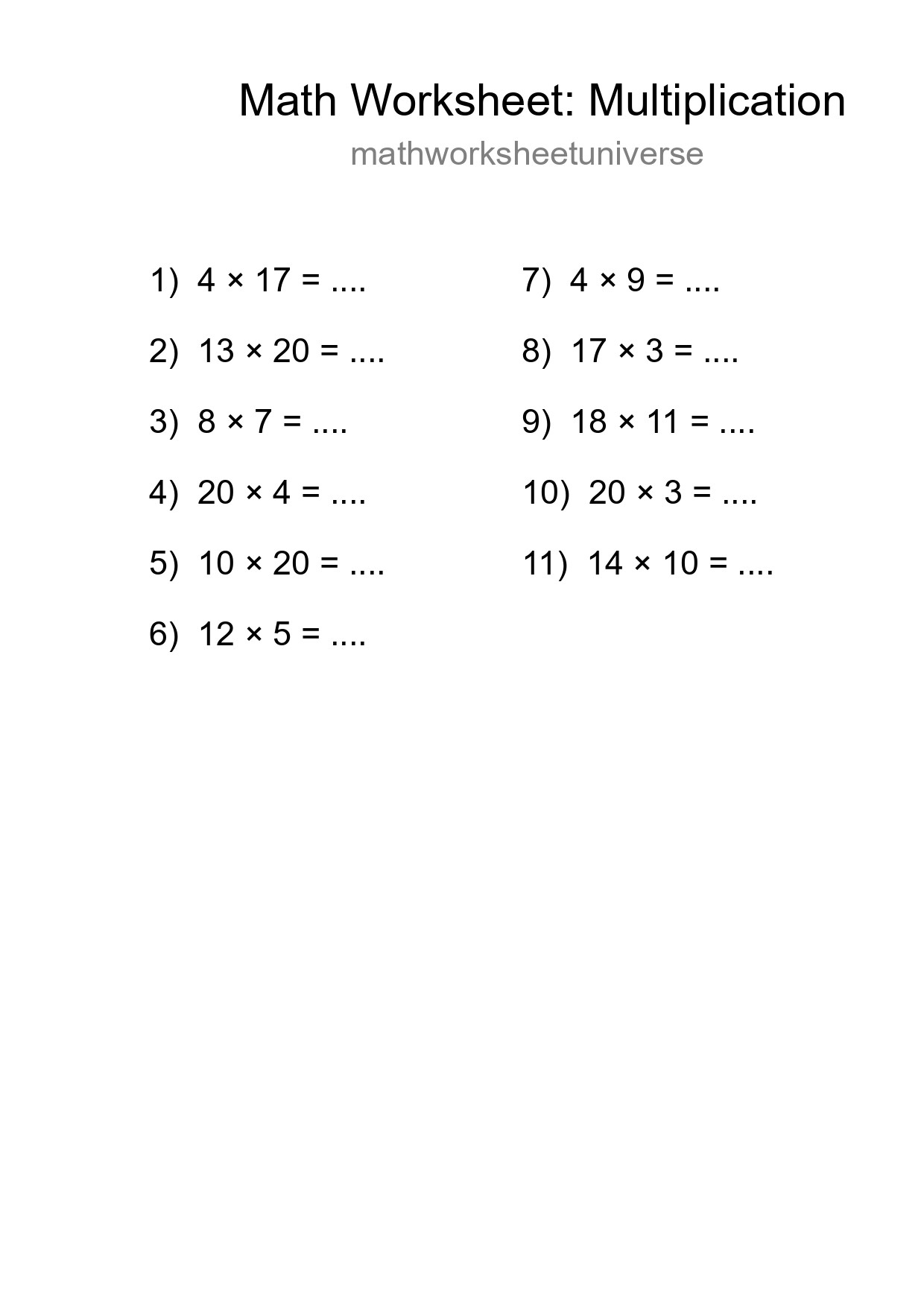 Printable Free 11 Multiplication Math Worksheet For Grade 2 - Part 287