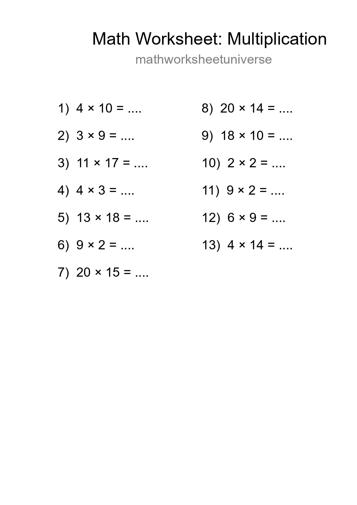 Printable Free 13 Multiplication Math Worksheet For Grade 2 - Part 147