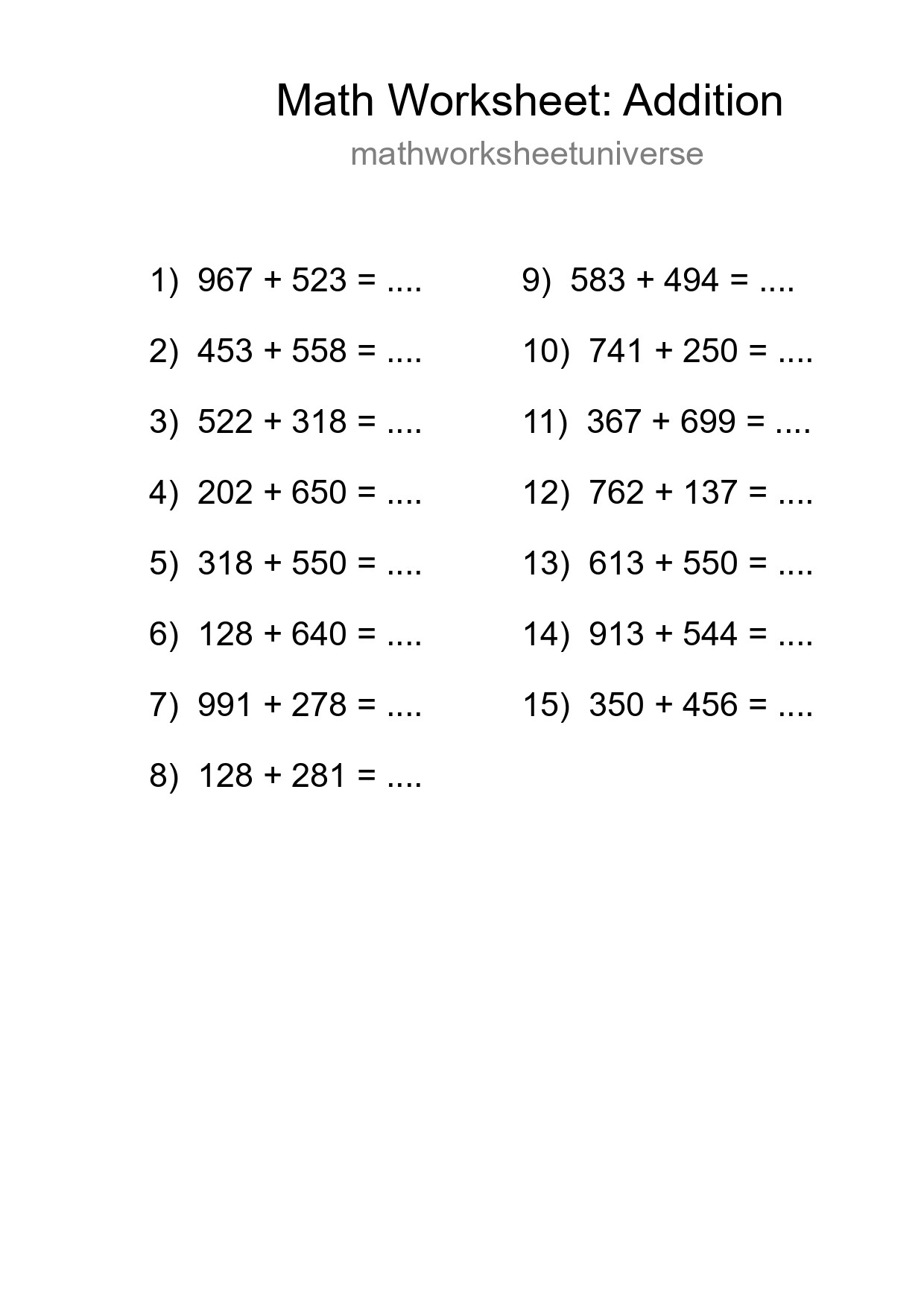 Printable Free 15 Addition Math Worksheet For Grade 5 - Part 251